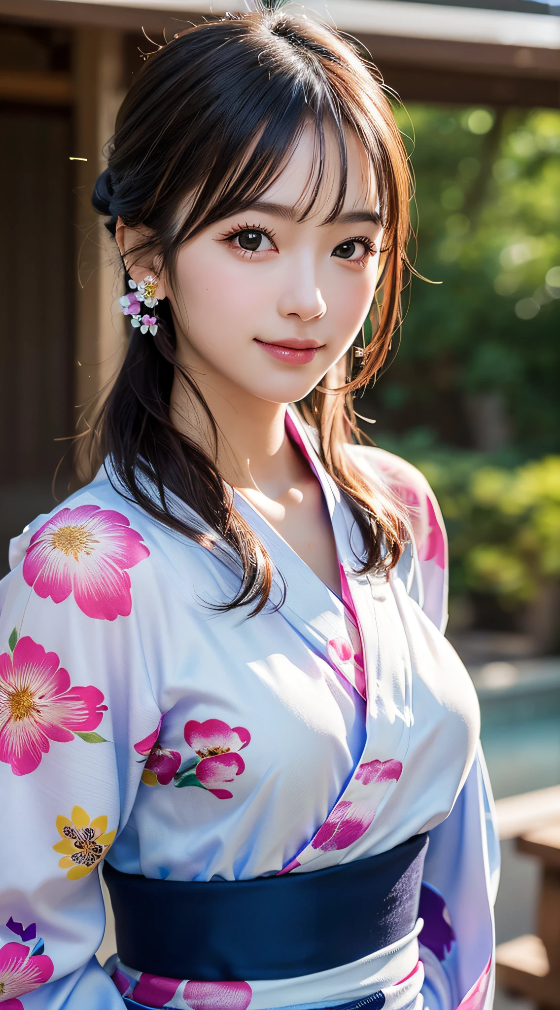 (1ung girl), Extremely cute face, Amazing face and eyes, (Highly detailed eyes, Highly detailed face), fresh, Very clean appearance, (Hyper-realistic, hight resolution), (Best Quality:1.4), Raw photo, (Realistic, Photorealsitic:1.37), Professional Photography, (floral pattern yukata:1.5), (Open yukata), (cleavage:1.2), (Bare shoulders), Smile slightly, (Staring at me), Bedroom, girl portrait,