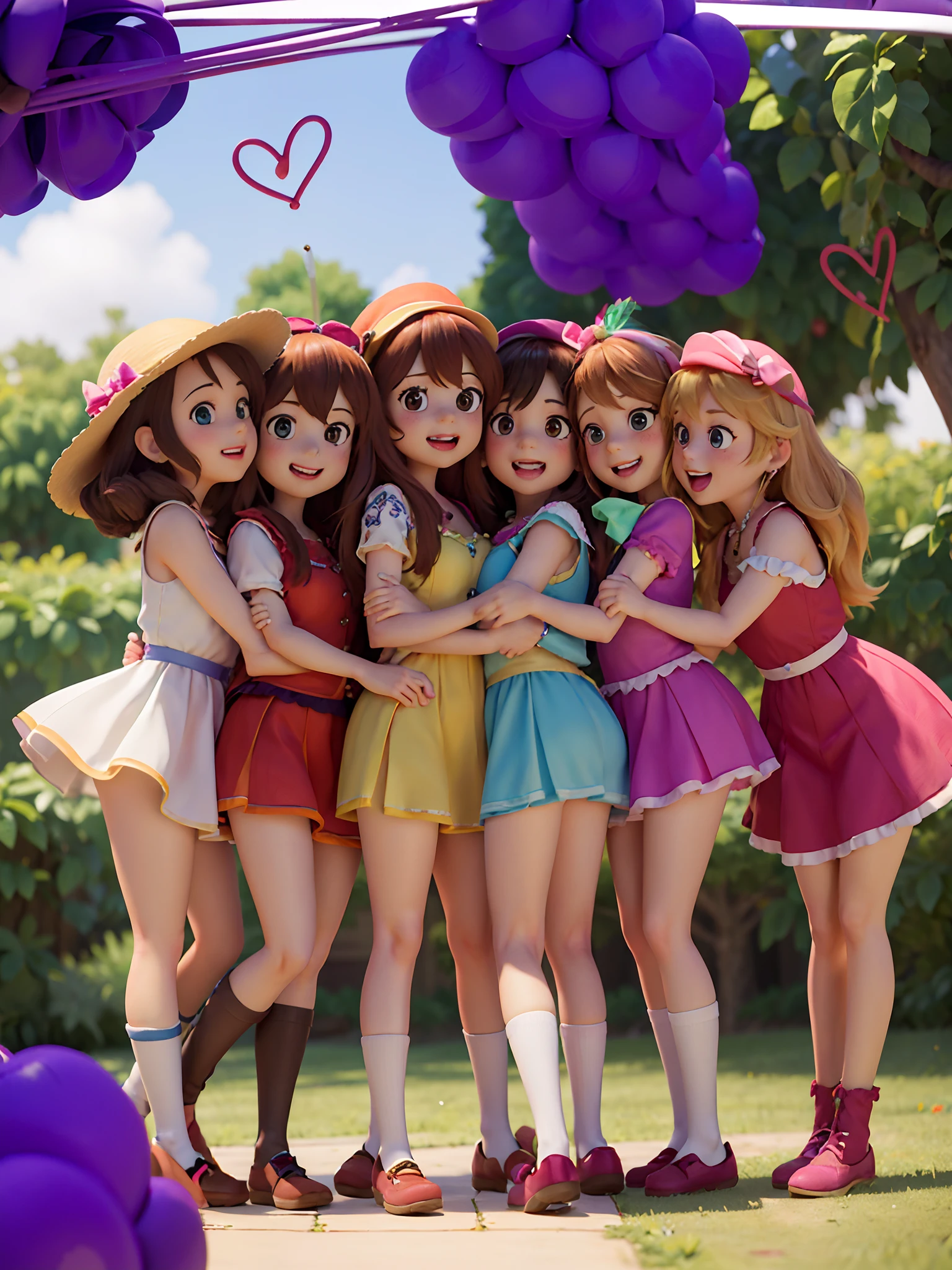 there are four girls in dresses and hats posing for a picture, official fanart, ddlc, kawaii hq render, stylized anime, made with anime painter studio, anime styled 3d, official render, promotional render, idolmaster, anime stylized, cute 3 d render, [ digital art ]!!, cute pose, realistic anime 3 d style