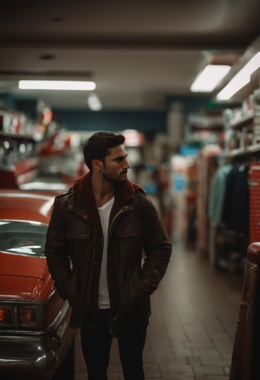 um homem bonito em uma jaqueta de couro vermelha, in a convenience store, ready for action, parte superior do corpo, fechar para cima, (Looking at camera), (candid, amador), (.RAW, 8k, UHD, Fujifilm XT3),