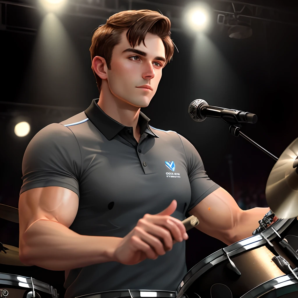 Male 30 short brown hair grey eyes muscles polo shirt drummer coin in hand