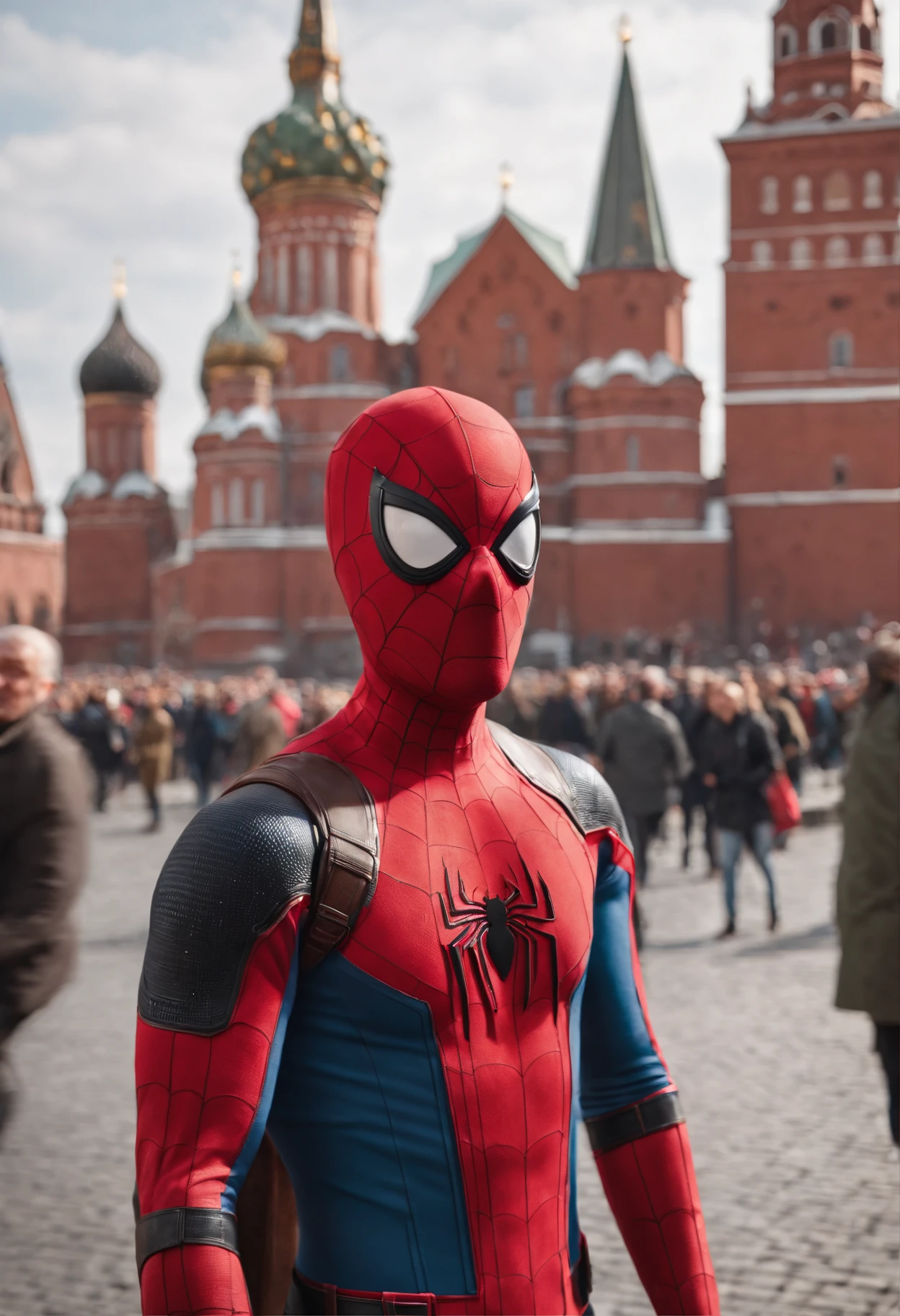 With Generate Spider-Man in the style of the USSR, And that he should be in the Red Square with a crowd of joyful people, and that he should have pies on his hand,