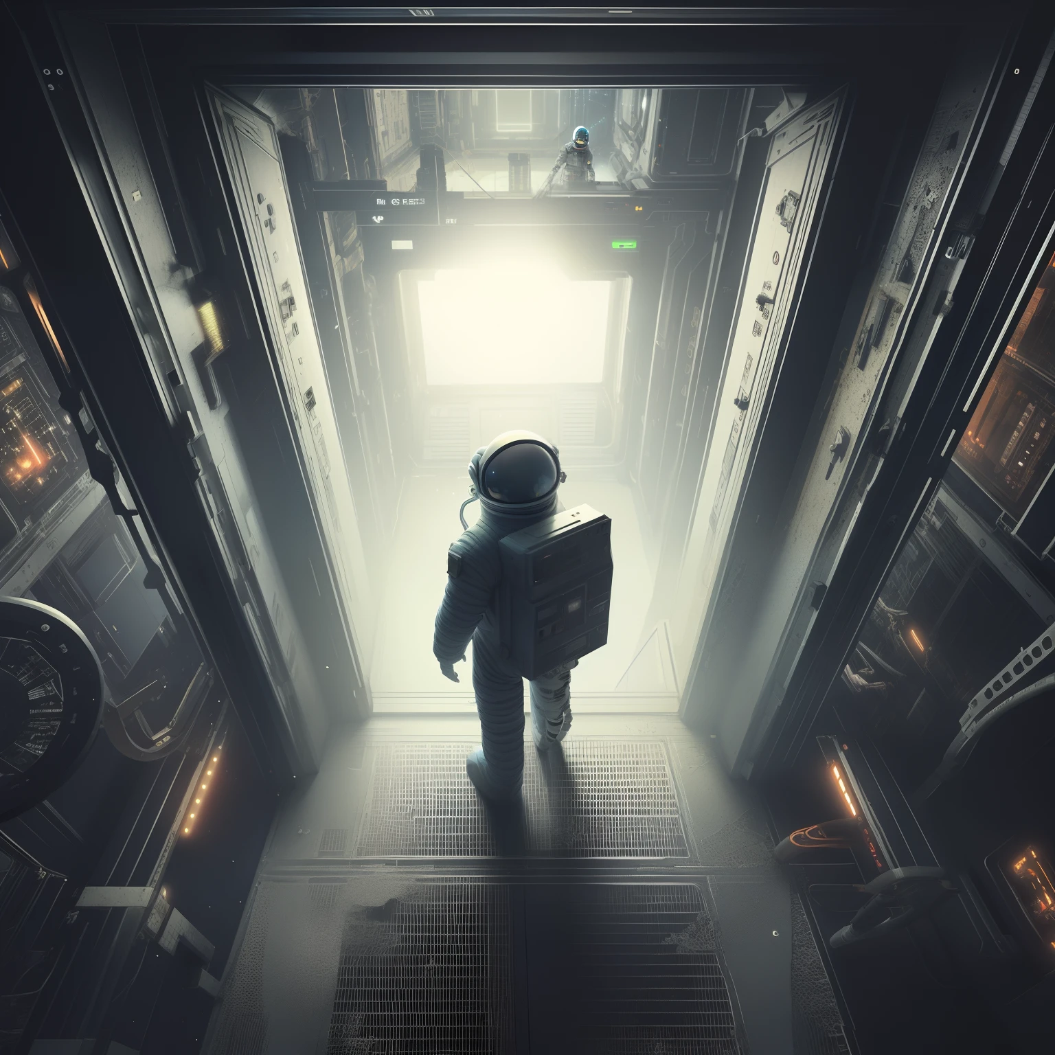 arafed image of a man in a space suit walking through a doorway, sci-fi digital art, sci fi epic digital art, 3 d render beeple, beeple. octane render, dark sci-fi art, cinematic beeple, space sci - fi, sci fi artwork, sci-fi cinematic movie still, in style of beeple