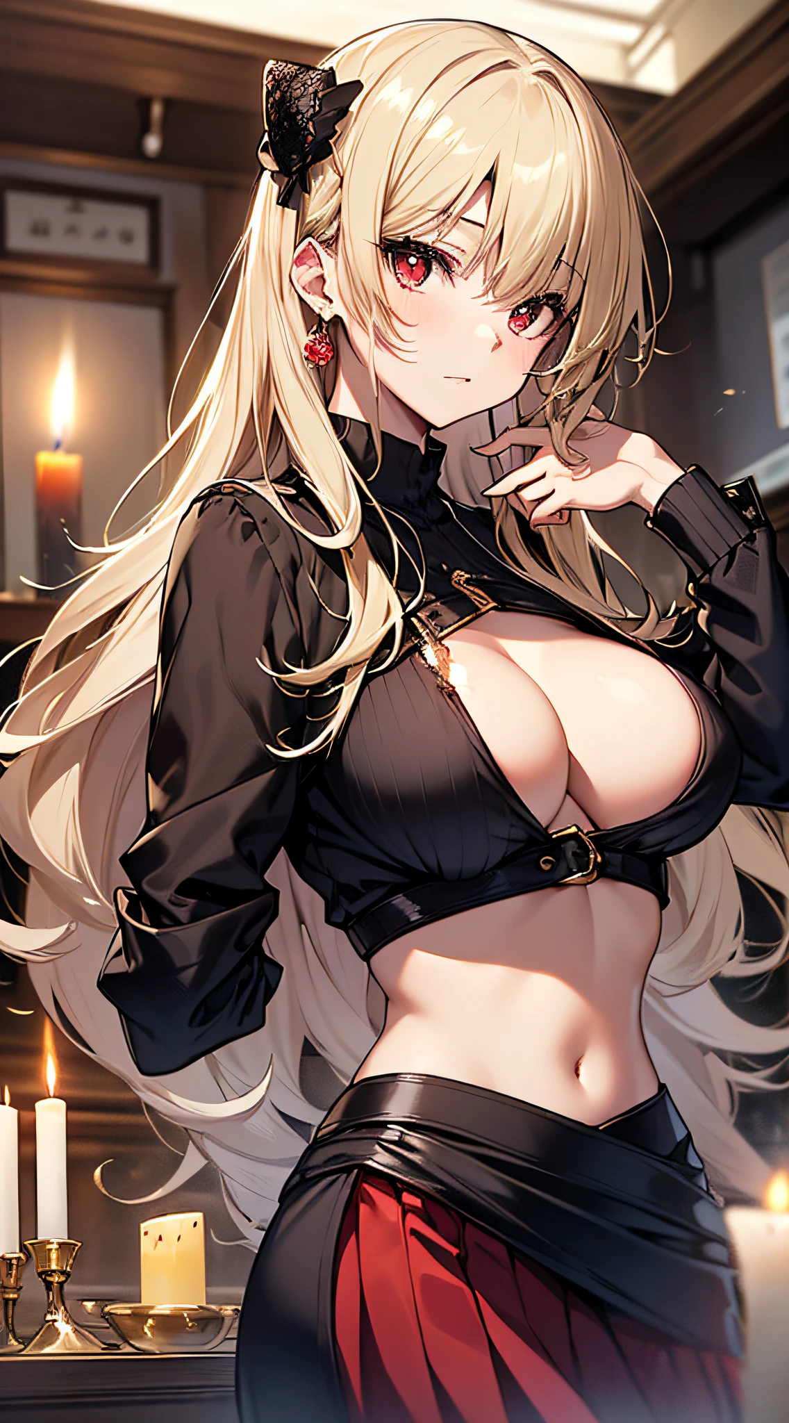 top-quality、Top image quality、​masterpiece、girl with((Beautiful fece、20yr old、Best Bust、big bast、Bust 85,Red eyes to issue、Breasts wide open,Valley、Blonde long hair、A slender、Black shirt、Red Berry Short Skirt、Large valleys、Hands behind your back、bending forward)）hiquality、Beautiful Art、Background with((Dark Homeroom、candle)),masutepiece、visualart、depth of fields、Close to your audience