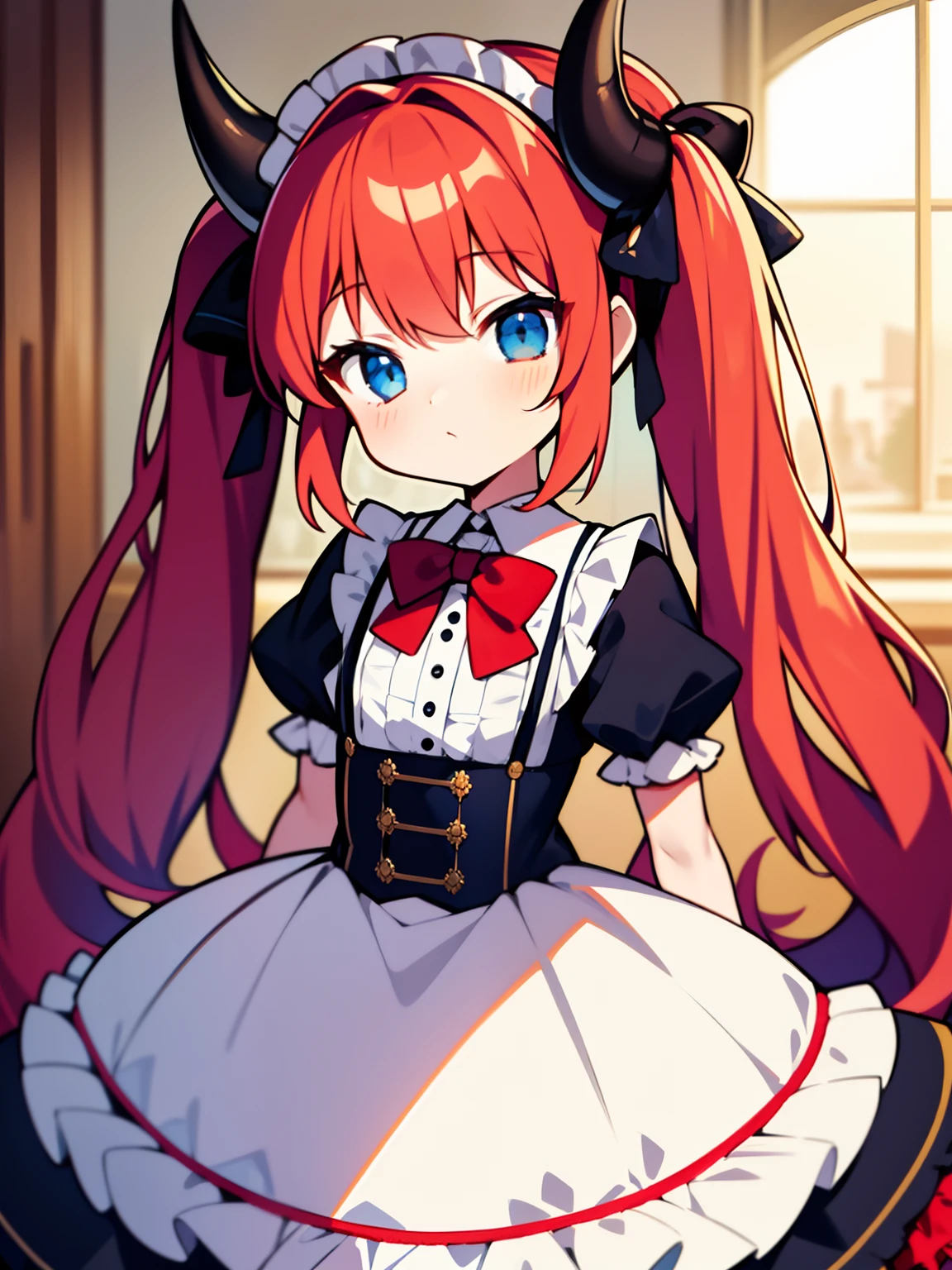 {{best quality}}, {{masterpiece}}, {{ultra-detailed}}, {illustration}, {detailed light}, red hair,blue eyes,twintails,lolita,Suspenders skirt,Fantastic,loli,solo,Dragon horns, girl,long hair