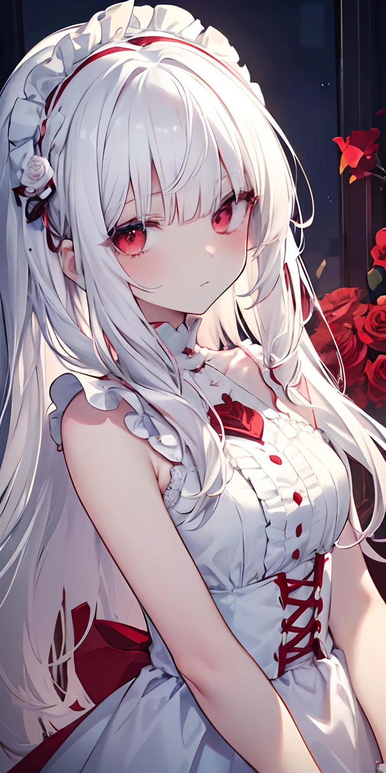 (limited palette), Best quality, (((Masterpiece))), (((Beautiful detailed hair))), (((beautiful detailed skin))), Solo, Little girl, Younger, Loli, (((White hair))), Red eyes, (mascara), Blunt bangs, ((Hair over eyes)), Long hair, Medium breasts, Frilled white dress, White frills, Too much decoration, Rose, Noble, setia, The bride hair, (((Eye focus))), (((Expressionless))), The background is blurred out, Empty eyes, Blank eyes, (Red theme), bedroom background, view the viewer, (((hair tucking))), (((Night))), Semi-closed Eyes, Close-up, (((hair adornments))), Upright body, Neatly cut bangs, Braided hair at the back of your head, Sleeveless dress,
