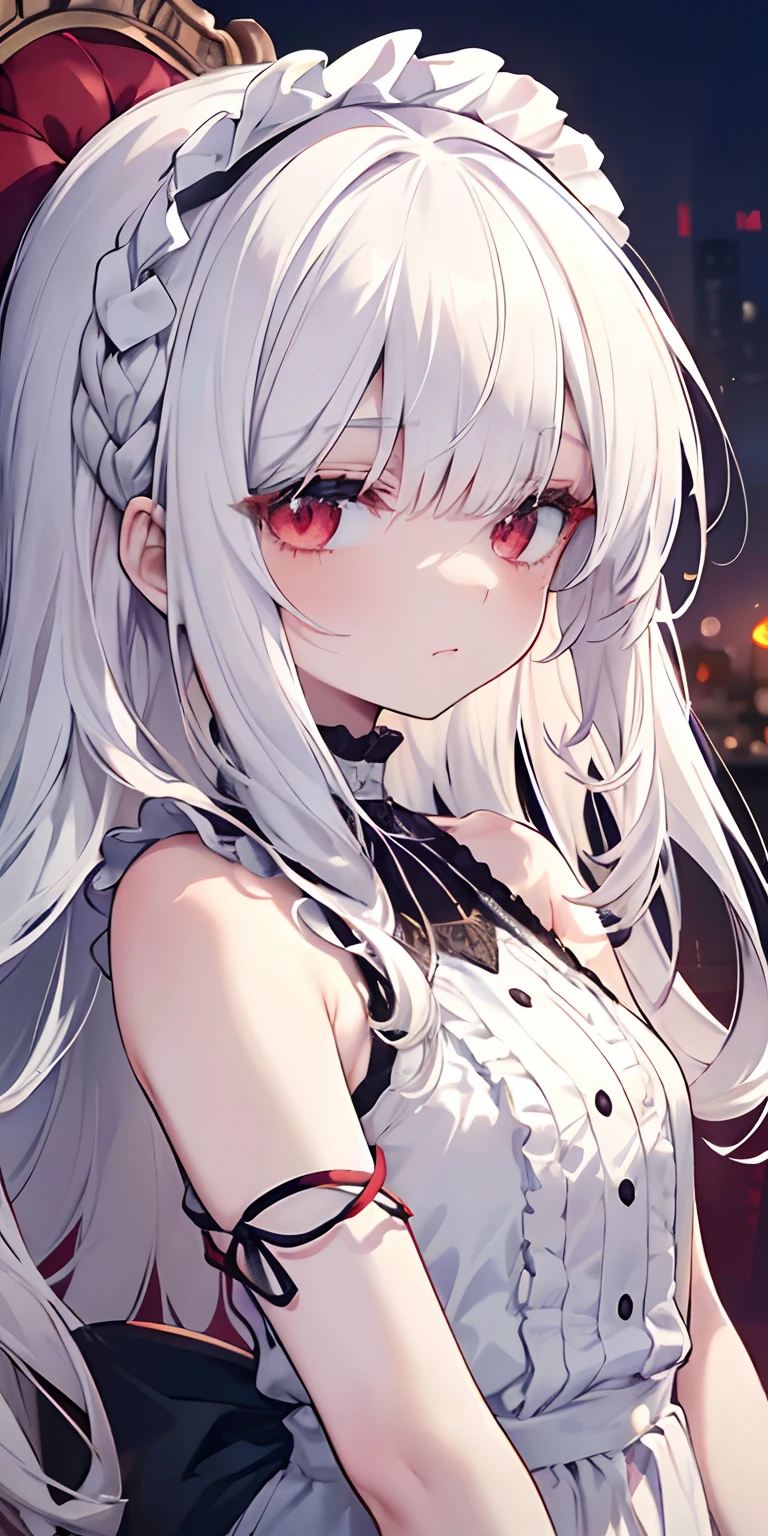 (limited palette), Best quality, (((Masterpiece))), (((Beautiful detailed hair))), (((beautiful detailed skin))), Solo, Little girl, Younger, Loli, (((White hair))), Red eyes, (mascara), Blunt bangs, ((Hair over eyes)), Long hair, Medium breasts, Frilled white dress, White frills, Too much decoration, Rose, Noble, setia, The bride hair, (((Eye focus))), (((Expressionless))), The background is blurred out, Empty eyes, Blank eyes, (Red theme), bedroom background, view the viewer, (((hair tucking))), (((Night))), Semi-closed Eyes, Close-up, (((hair adornments))), Upright body, Neatly cut bangs, Braided hair at the back of your head, Sleeveless dress,