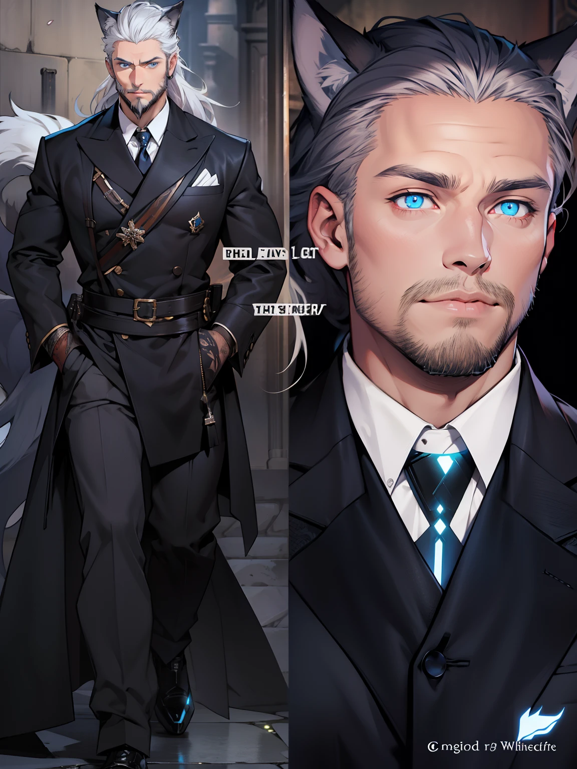 Male with short beard, Has long flowing white hair, There are wolf ears, There is a wolf tail,  Solo, Alone, Has glowing blue eyes
