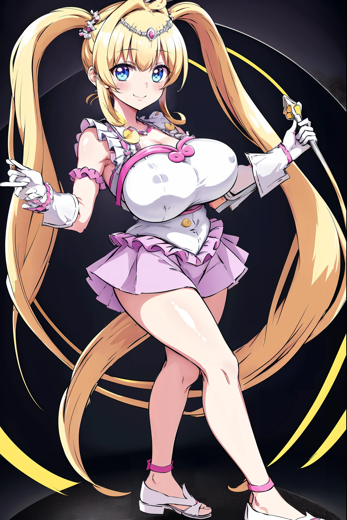 masterpiece, best quality, highres, hmnl, hmnl, twintails, tiara, blue eyes, idol, dress, gloves,(best quality, high-res, masterpiece:1.2), ultra-detailed,1.37, portraits, vivid colors, studio lighting, sharp focus, physically-based rendering, long hair, blue eyes, beautiful detailed eyes, beautiful detailed lips, twintails, tiara, ahoge, hair ornament, idol, dress, gloves, standing, smile, huge breast, curvy, staff, long skirt, standing, full body, flipflops, larges skirt, long skirt