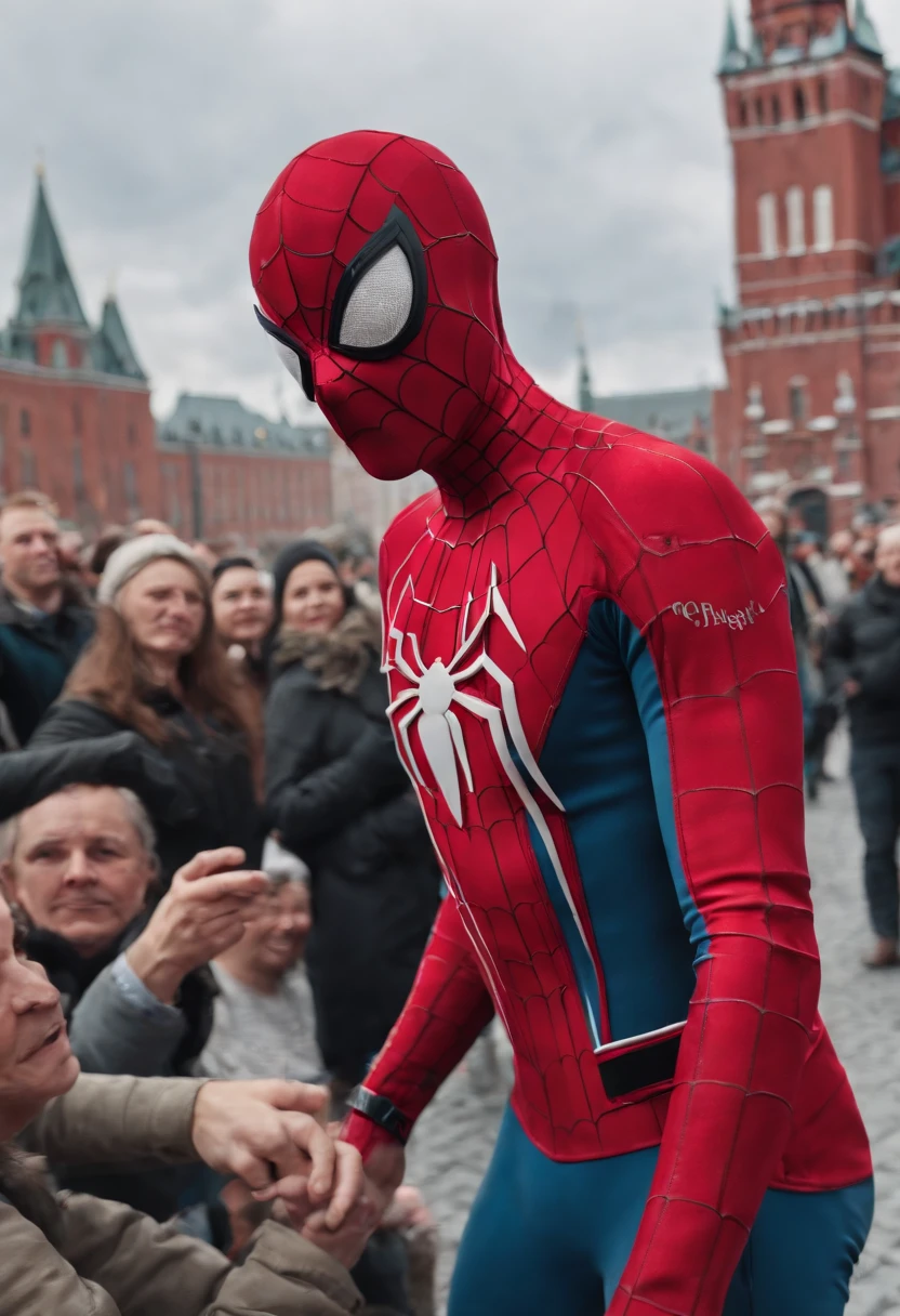 With Generate Spider-Man in the style of the USSR, And that he should be on Red Square with a crowd of joyful people, and that he should have pies on his hand,