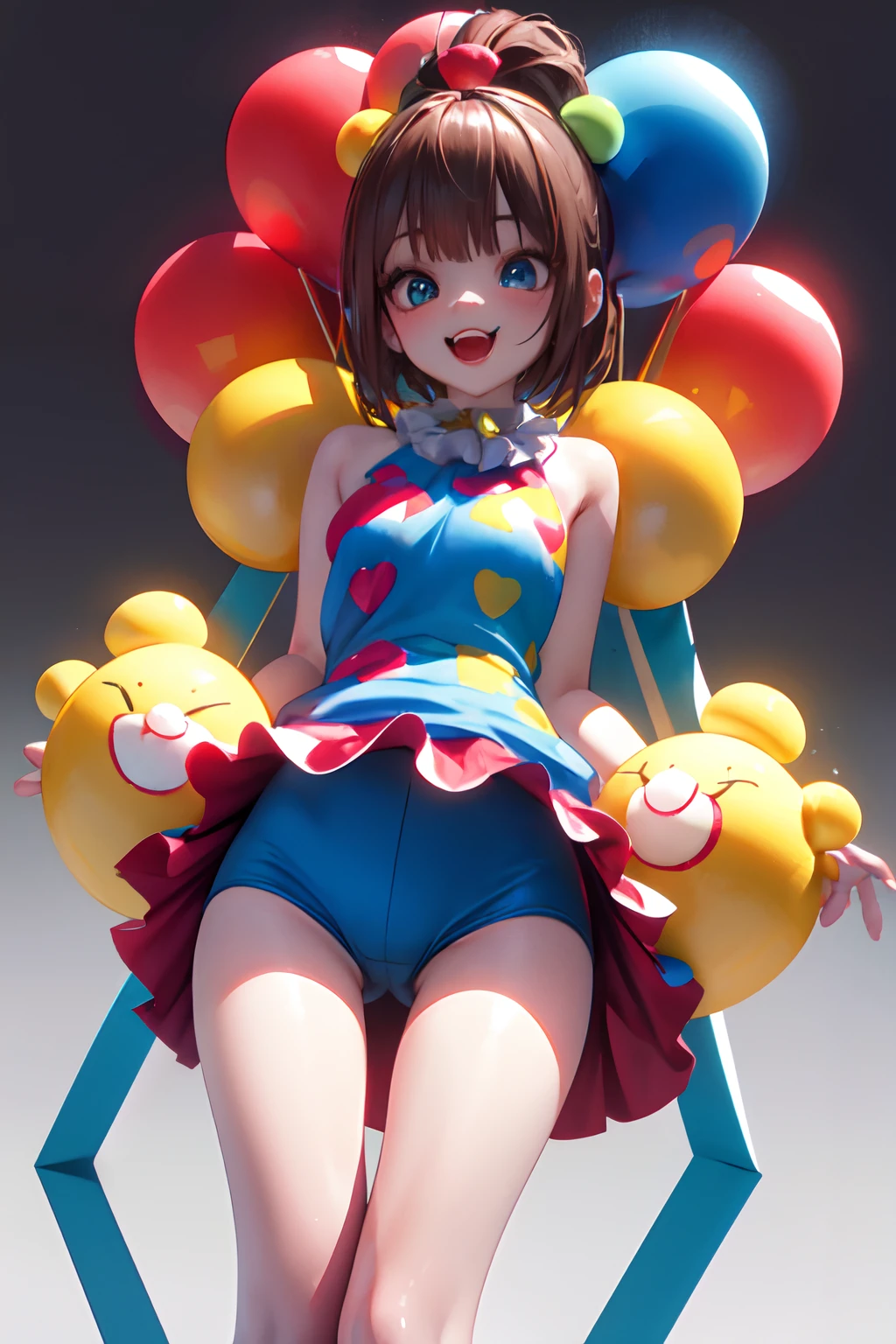 clown girl pomni, brown hair, red and blue eyes, red and blue outfit with round shoulders and thighs, and yellow balls in short, cartoon character of a clown and a red and blue outfit in short, cutecore clowncore, y 2 k cutecore clowncore, jester themed, animation character, clown girl, 3d animated, 3 d animated, jester, toonix character, cartoonish cute, 3d character, 3 d character, medieval jester, highly rendered!!, creepy clown girl