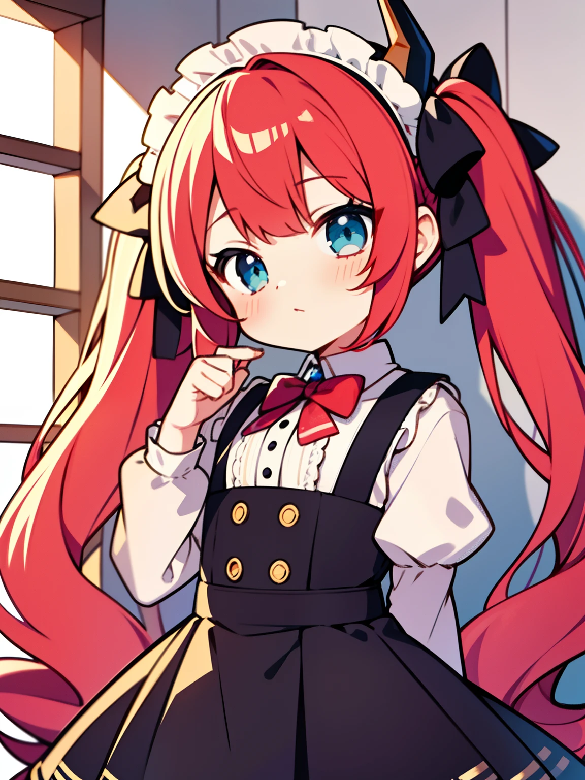 {{best quality}}, {{masterpiece}}, {{ultra-detailed}}, {illustration}, {detailed light}, red hair,blue eyes,twintails,lolita,Suspenders skirt,Fantastic,loli,solo,Dragon horns,little girl,long hair