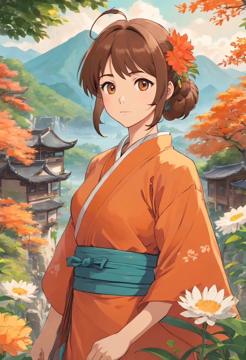 A woman in Zhuang costume, In the style of Lucy Grendingning, Tony Ditrizzi, Organic and natural ingredients, Flower explosion, Ferris Prok, Light orange and brown, Calm Face - AR 3:2 - The background is the landscape of Guilin