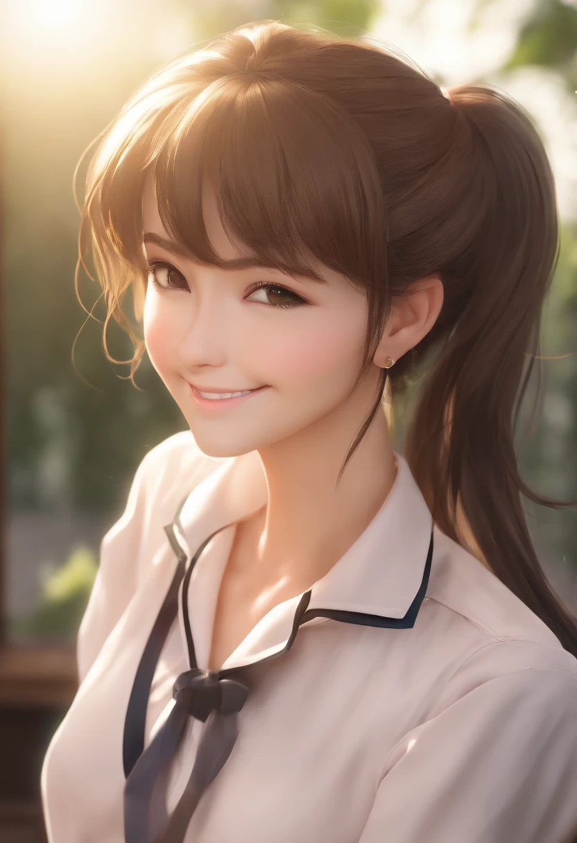 ((masterpiece)), (8k, high_resolution), (distinct_image), (best quality), (sunshine, face on light), (face on light:1.1), (meitantei conan (style), detecive conan (style), meitantei conan), solo, beautiful eyes and detailed face, ((1girl, solo)), medium breasts, wide hip, (abs:0.8), ((school uniform)), (ponytail), (blush, happy, happy smile, laughing), super sexy naked girl in bathroom