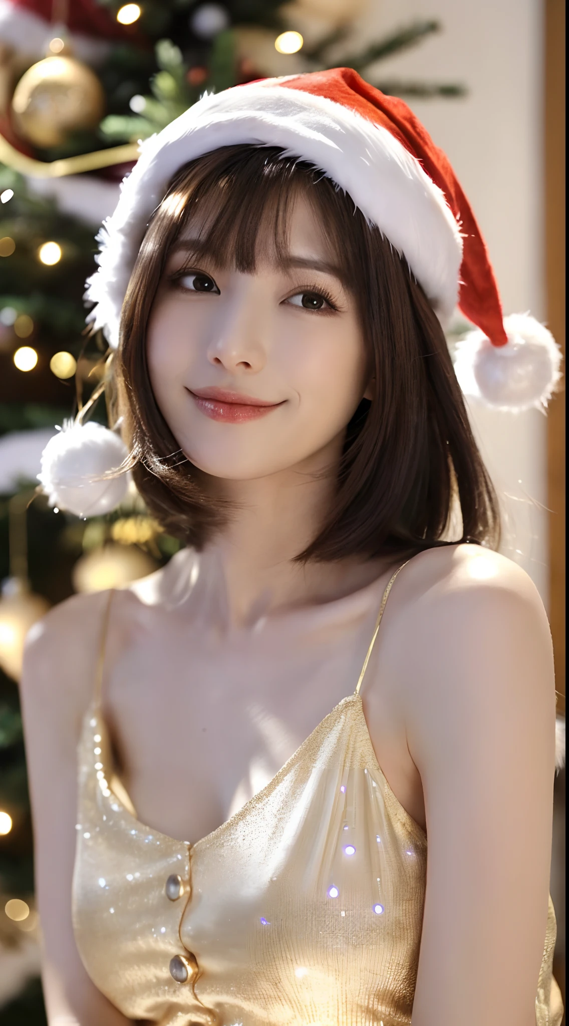 (Raw photography:1.2)、(Photorealsitic:1.4)、(masterpiece:1.3)、(top-quality:1.4)、dream-like、(A detailed eye)、(detailed facial features)、((Detailed clothing)、(Raw photography: 1.2)、(Photorealsitic:1.4)、、(top-quality:1.4)、dream-like、(A detailed eye)、(detailed facial features)、(detailed clothes features)、skin tightening、(Slender girl)、(Slim Girl)、1 girl in、(full body Esbian)、(独奏)、cute little、(breastsout)、bangss、bangss、straight haired、black eyes of pale color、Crystal Pendant、(top-quality、8K、32K、masterpiece、nffsw:1.2)、Cute Japan Female Pictures、 独奏、girl1、(Big breasts)、(Tall lady)、(abdominals)、(s lips)、Mouth closed、Firm double eyelids Only one very beautiful woman、very extremely beautiful、Gaze looking directly at the camera、Golden Ratio Face、The body of the golden ratio、perfect bodies、face perfect、perfect chest、big breasts looking directly at the camera、 Chest close、Very beautiful breasts、Coquettish smile、Very happy smile、big eye、 highlight in eyes、clear double eyelids、Eye lashes、long neck、Beautiful short hair、A dark-haired、bangss、thick bangs、Clean bangs、Clean collarbone crystal clear overwhelming charm、 Attractive natural light、age19、skin tightening、(Slender girl)、(Slim Girl)、(1 girl in)、(独奏)、cute little、(breastsout)、bangss、bangss、straight haired、black eyes of pale color、Crystal Pendant、Cute Japan Female Pictures、独奏、one girls、(Big eyes)、(Tall lady)、pretty pose、(((Sleeveless、Santa Claus Costume、Santa Claus hat、Just cute、Attractive woman))) ((Big Christmas tree on background)) ((The background is the downtown area at night bustling with Christmas)) ((Christmas Light Ball Bokeh))