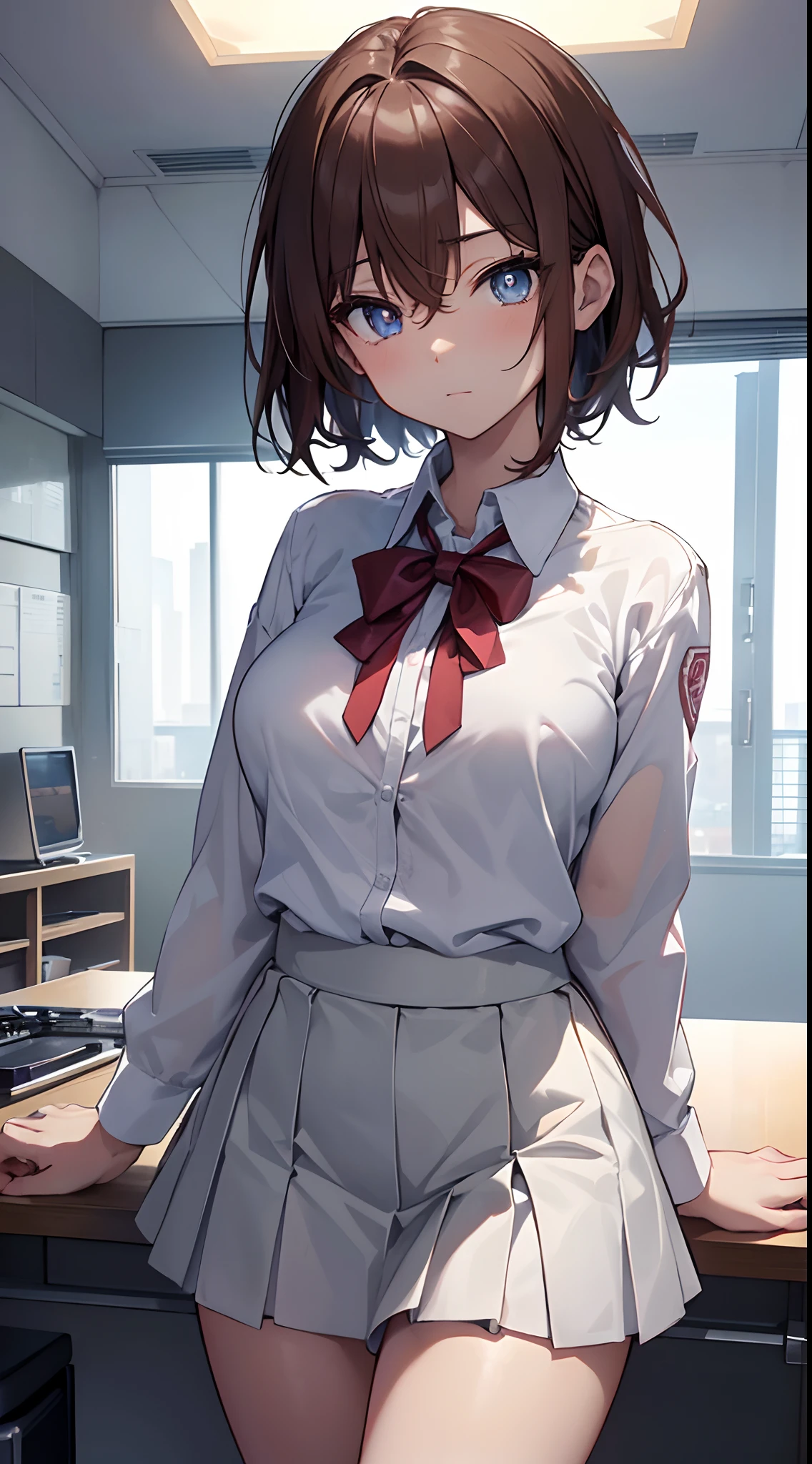 tmasterpiece, best qualtiy, Misaka_mikoto, with brown eye, Short_hair, The large_breast enhancement, looking at viewert, 独奏, Closed_Mouth, collars_Shirt, School_uniform, Shirts, White the_Shirt, , crass room　fullllbody　Miniskirts,Best Quality, High resolution, Unity 8k壁纸, (Beautiful detailed eyes:1.6), extra detailed face, Perfect Lighting, extremely details CG, (Perfect hands, Perfect Anatomy)