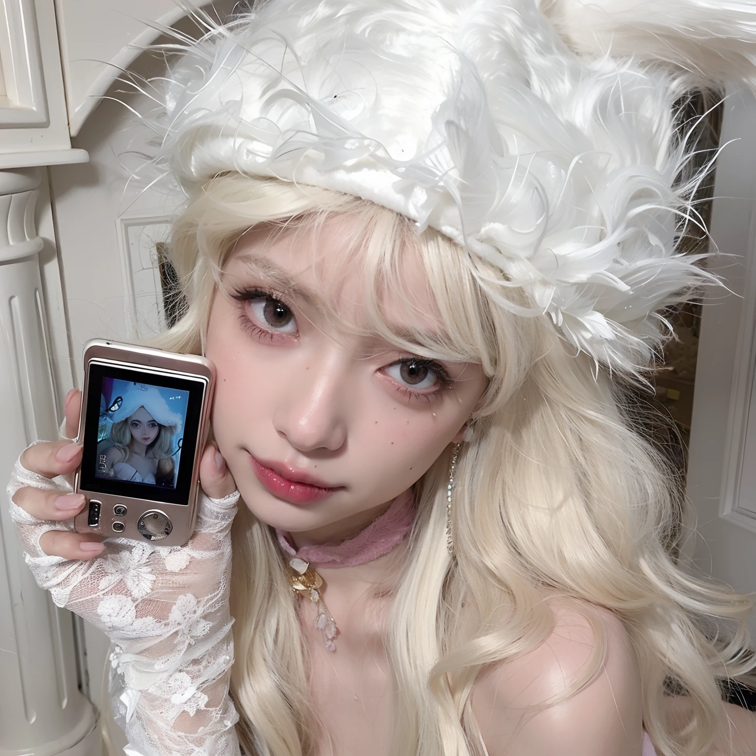 Blond haired girl in white feathered hat holding a mobile phone, do gato branco, pale young ghost girl, pale porcelain white skin, porcelana pele branca, linda Delphine, ultrarrealista doce coelhinho meninacabelos longos brancos, pale snow white skin, pale milky white porcelain skin, pale goth beauty, Ahegao, Menina animeda real