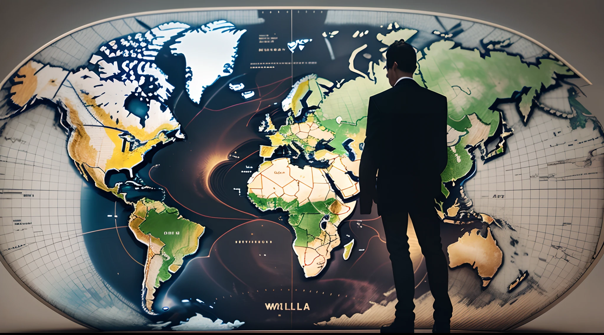 A photo-realistic depiction where a man's profile silhouette is cast onto a white background, with a detailed world map superimposed onto the shadow, aligning with the man's facial features --auto --s2