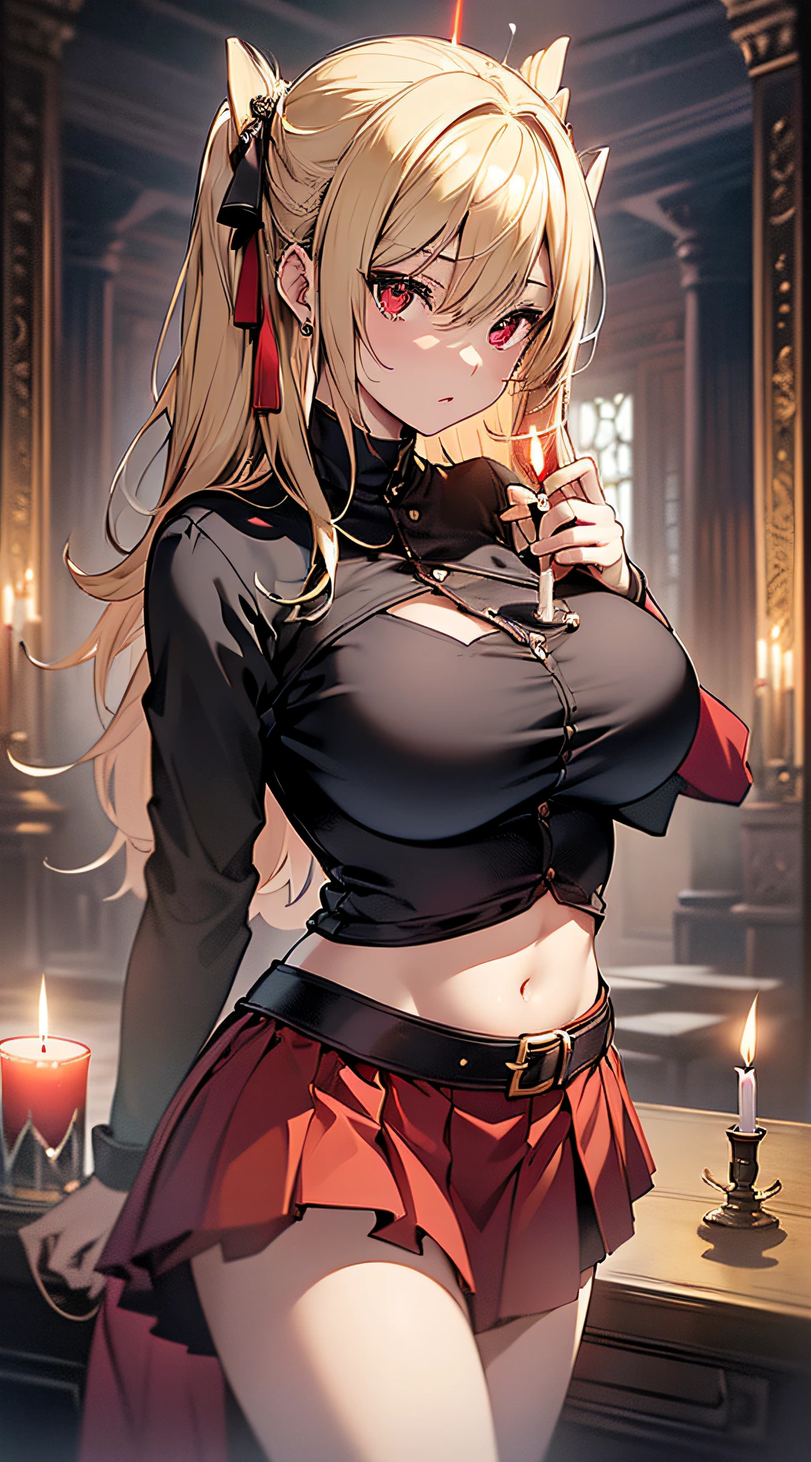 (masterpiece, high quality, detailed), 1girl, vampire girl, big poofy sandy-blonde hair, bright yellow eyes, hair drills, smug grin, (wearing slutty red dress), black fur trim, huge beasts, cleavage, provocative, flowing cape, haunted castle interior, scattered rose petals, spooky, horror, portrait