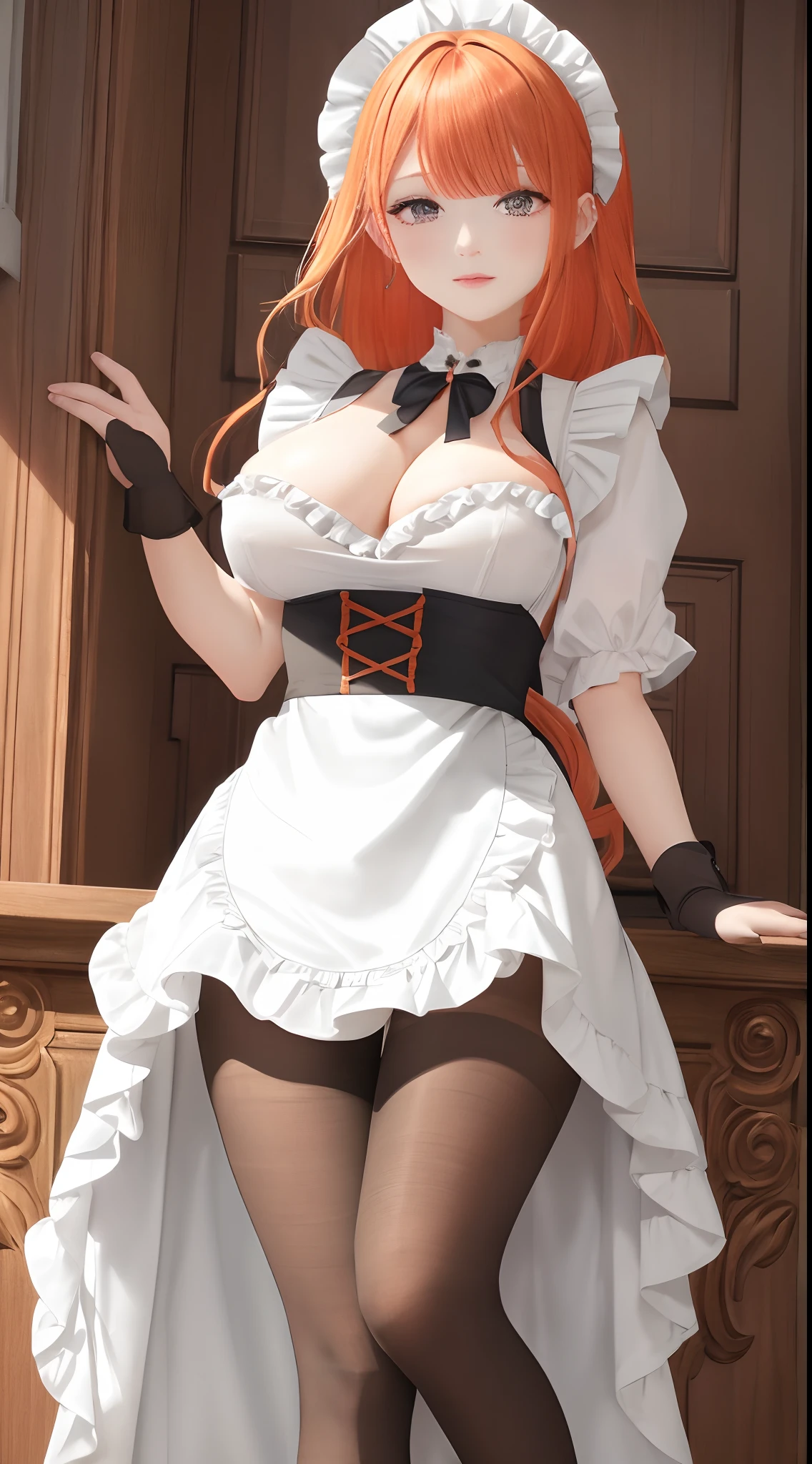 /draw apron orange_hair green_eyes breasts breasts_out couch dress female frills gloves highres koruse large_breasts long_hair looking_at_viewer lying maid maid_apron maid_headdress no_panties original solo gloves black pantyhose lifts her skirt and shows her ass in pantyhose HD UHD HQ