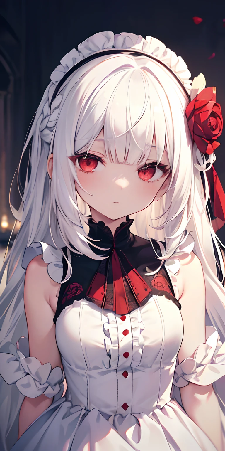 (limited palette), Best quality, (((Masterpiece))), (((Beautiful detailed hair))), (((beautiful detailed skin))), Solo, Little girl, Younger, Loli, (((White hair))), Red eyes, (mascara), Blunt bangs, ((Hair over eyes)), Long hair, Medium breasts, Frilled white dress, White frills, Too much decoration, Rose, Noble, setia, The bride hair, (((Eye focus))), (((Expressionless))), The background is blurred out, Empty eyes, Blank eyes, (Red theme), bedroom background, view the viewer, (((hair tucking))), (((Night))), Semi-closed Eyes, Close-up, (((hair adornments))), Upright body, Neatly cut bangs, Braided hair at the back of your head, Sleeveless dress,