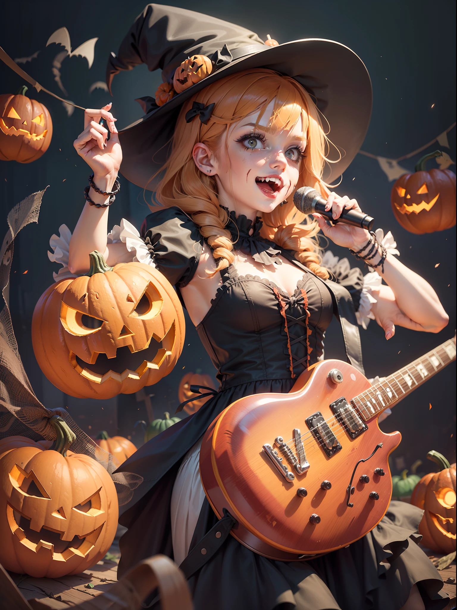 Rock 'n' roll scene,There are drum kits and basses,The lead singer in a pumpkin costume sings loudly in the spotlight!There are a lot of ratings out there
(Wearing a zombie costume:1.37),Girl playing pumpkin drum on Halloween celebration stage, (Jack-o'-lantern:1.1),(the bats:1.1), (Electric guitar:1.1), (keyboard:1.1), (Flying candy:1.0) ,(The girl is dressed in a zombie costume),Witch hat, Bold poses and passionate performances,Makeup in all sorts of scary images,Performing on stage, Lightweight jack-o'-lantern,(Confectionery), At the scene of the Halloween celebration,People are immersed in a joyful atmosphere. Jack-o-lanterns illuminate dark corners, There were happy smiles on people's faces