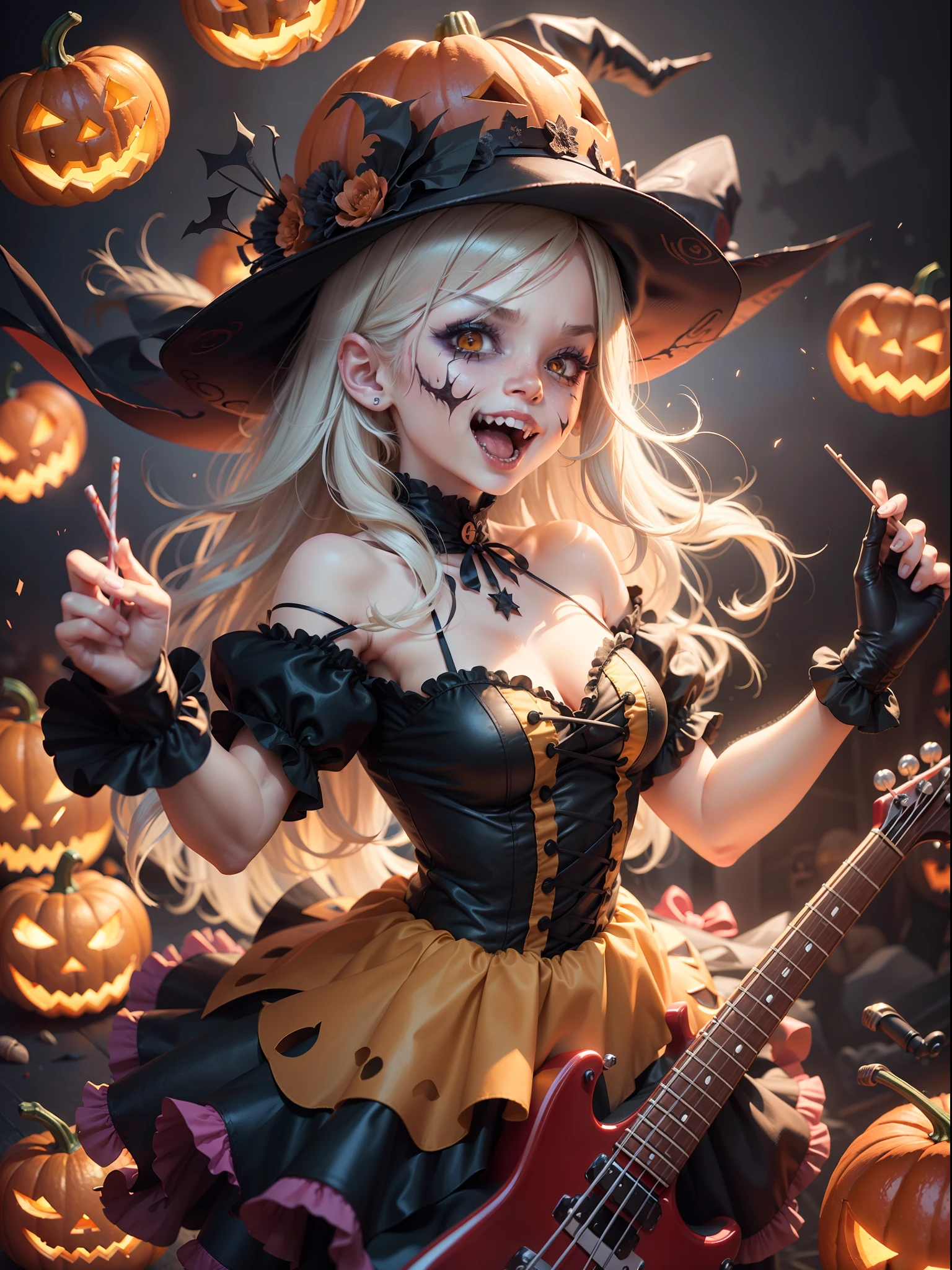 Rock 'n' roll scene，There are drum kits and basses，The lead singer in a pumpkin costume sings loudly in the spotlight！There are a lot of ratings out there
（Wearing a zombie costume：1.37），Girl playing pumpkin drum on Halloween celebration stage, （Jack-o'-lantern:1.1），（the bats：1.1）， (Electric guitar：1.1）, （keyboard：1.1）, （Flying candy：1.0） ，（The girl is dressed in a zombie costume）,Witch hat, Bold poses and passionate performances，Makeup in all sorts of scary images，Performing on stage, Lightweight jack-o'-lantern,（Confectionery）, At the scene of the Halloween celebration,People are immersed in a joyful atmosphere. Jack-o-lanterns illuminate dark corners, There were happy smiles on people's faces