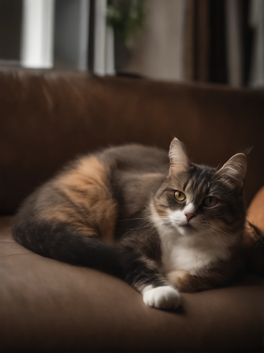 cat, colors, black brown orange white, in house, sleeping on couch,