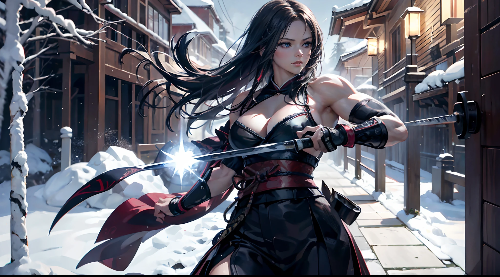 hyperrealistic, 8k definition, masterpiece, very detailed, 24yr old (Avril Lavigne:1) as a bodybuilder samurai at a snowy cascade in a starry night, wearing skin-tight kimono and hakama, really long black hair, training martial arts with a katana sword, ice powers, ice in hands, hands with ice powers, perfect body, showing abs and legs and G-cup breasts, thick muscles, engorged muscles, zoomed fullbody,  (hyperrealistic portrait, big depth of field, colors, polycount), concept art, wide shot, highly detailed face, full body in the picture