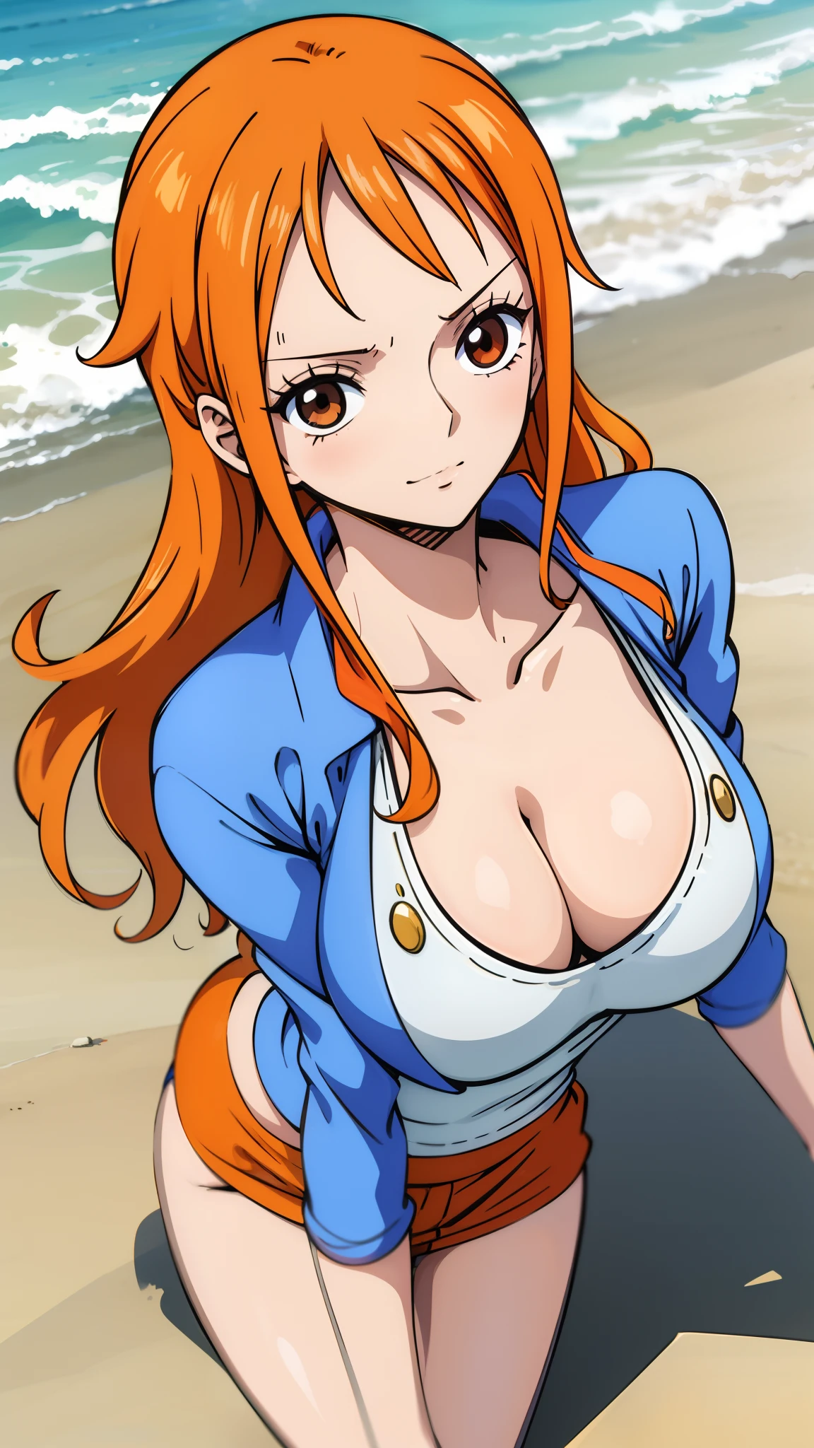 Generate a realistic anime-style image of Nami from One Piece.  (mature girl), sexy pose, Capture her distinctive look with orange hair, Long Release, athletic bend, mini shirt,  beach
