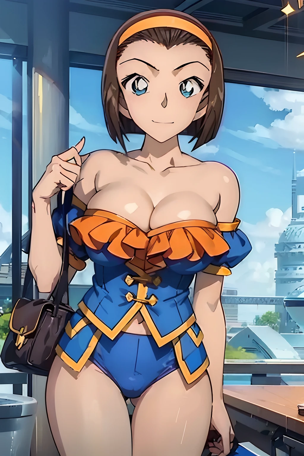 look at viewr, anime styled、Colossal tits、large full breasts、cleavage of the breast、one girls、shairband、Forehead、Bob Hair、Brown hair、Sparkling eyes、Blue eyes、Lively eyes、A smile、A face with plenty of room to spare、Superiority、up chest、up chest、which are full of confidence々、Princess、domineering、overconfidence、