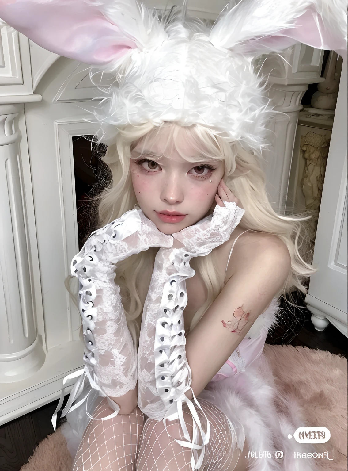 blond girl in bunny costume sitting on floor with white rabbit ears, white cat girl, twintails white_gloves, white ( cat ) girl, belle delphine, kerli koiv as anime girl, fairycore, white long gloves, with white long hair, white gloves, with long white hair, ava max, pale young ghost girl, white elbow gloves, yeojin loona