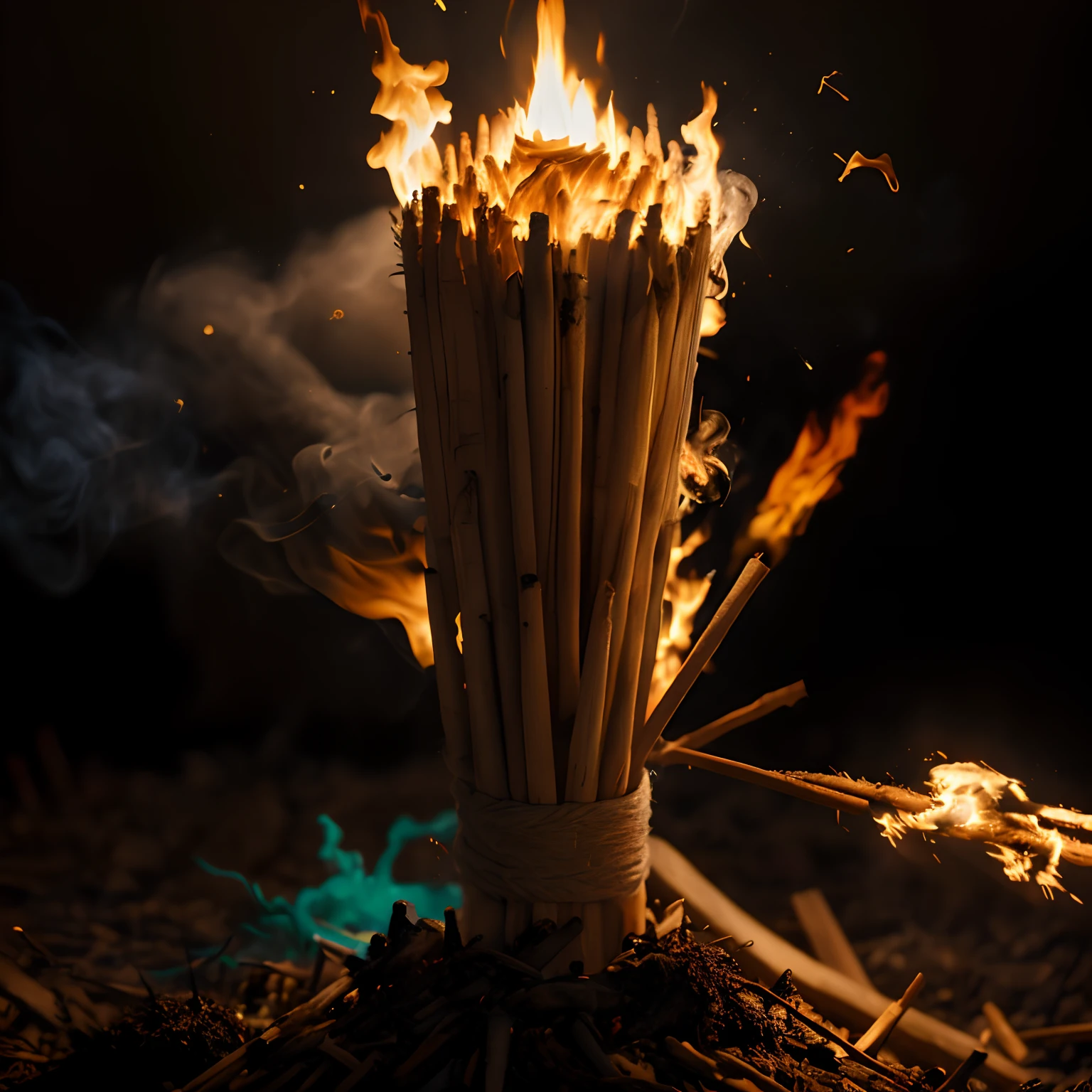 There's a bunch of toothpicks that are lit with fire, casting a flame spell, casting a fire spell, casting a protection spell, holy flame spell, Queima de bruxas, emitting smoke and sparks, torches in ground, incenso, tochas flamejantes e forcados, Dramatic lighting of fire glow, sparks of fire, forming a burning hand spell, Tocha