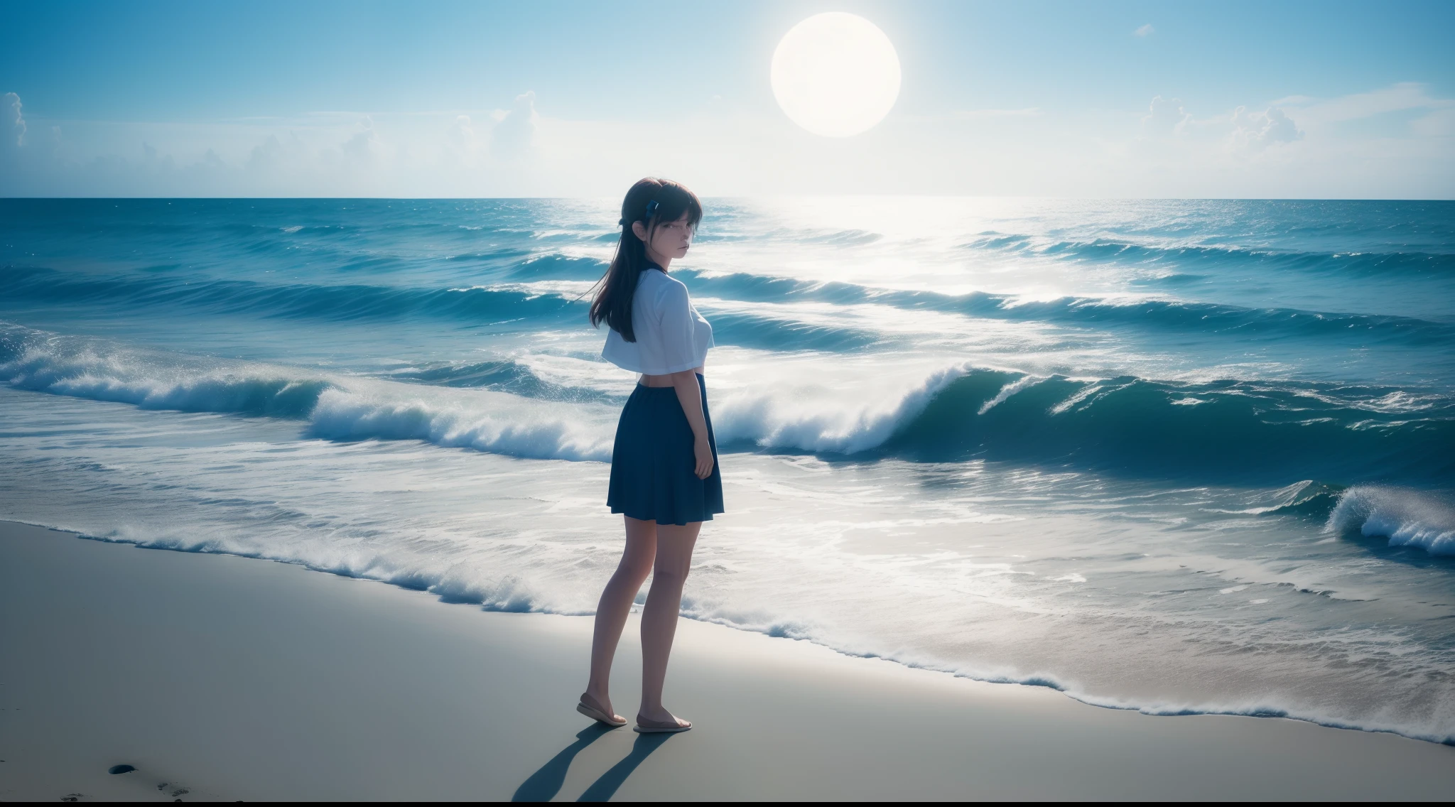 (Masterpiece, Highest Quality, 8K, 16 k, High Quality, Best Quality:1.3, absurderes, high resolucion, digital art, intrikate),High Quality,Pretty blonde, Beautiful blonde, Blue Eyes,1 Girl,Girl wearing a headset, natta、the moon、seaside,Photo by Makoto Shinkai, pixiv, Concept Art, (by shinkai makoto, lofi art), beautiful anime scenes, anime scenery, (Girl standing on the sand listening to music), ((The sea spreads out at night)), in style of makoto shinkai, style of makoto shinkai, Improved details --auto