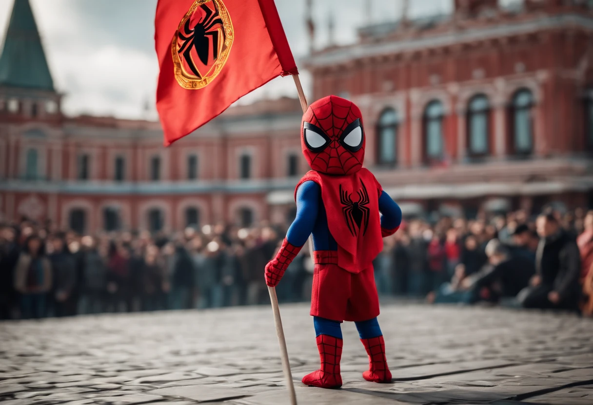 Spider-Man, on Red Square holding the Kyrgyz flag in his hands in a crowd of people, Realistic Flag, Realistic city
