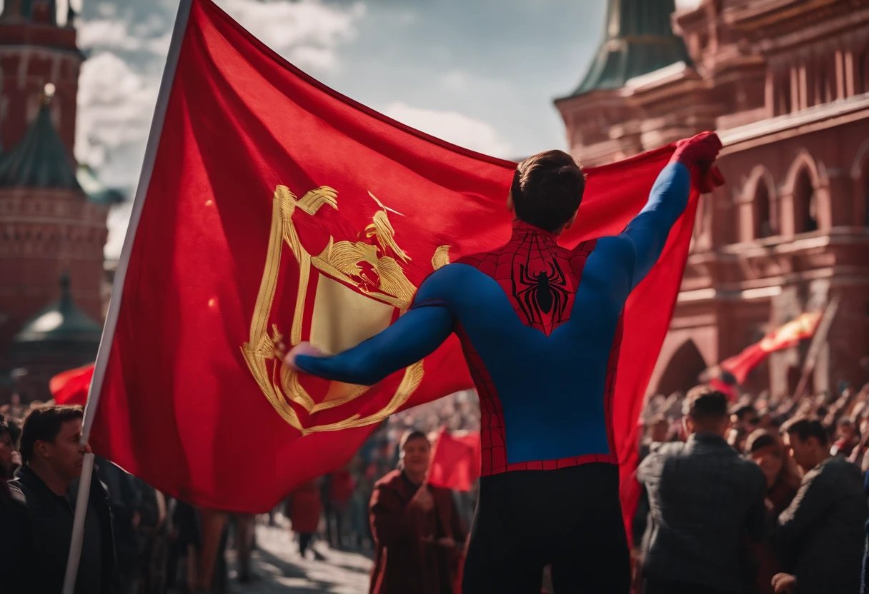 Spider-Man, on Red Square holding the Kyrgyz flag in his hands in a crowd of people, Realistic Flag, Realistic city