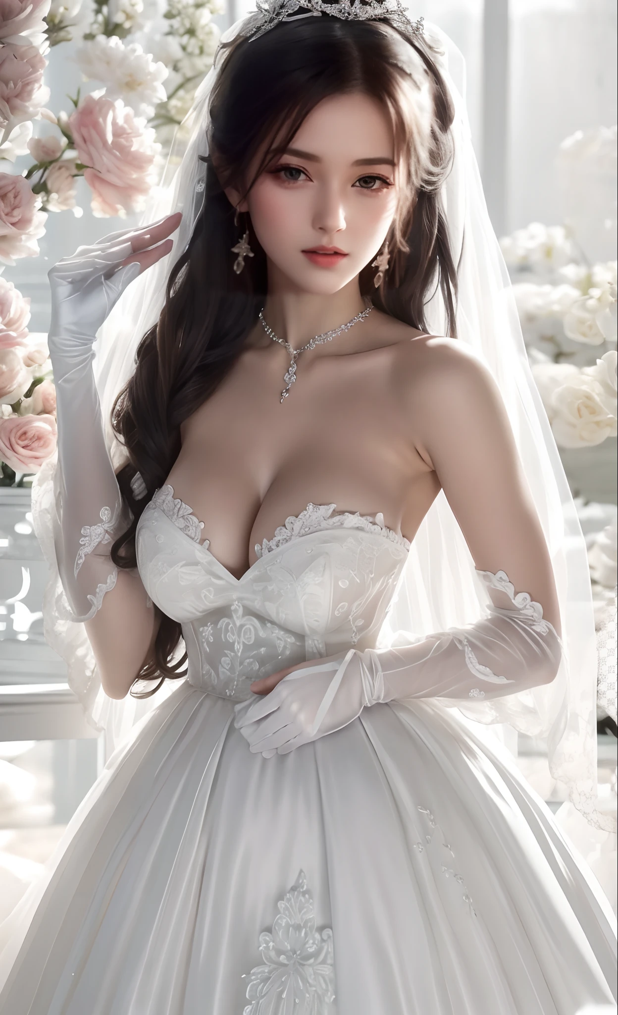 Close-up of a beautiful bride in a beautiful wedding dress, Gurvetz,（ pillory：1.5）, Flail on the head, Flail on the hands, Flail,(Bridal veil: 1.5), (Short transparent veil: 1.5), Flushed face, Head flower, head gear, (Tubular wedding dress: 1.5), (Silk dress: 1.2 ), (Strapless wedding dress: 1.5), Pure white dress, necklace, Earrings, (Huge breasts: 1.3), Deep V heart collar wedding dress, bangs, lipstick, (Lace gloves: 1.3), Full body photo, High detail RAW color art, a white long skirt, Whole body, with hands behind her back, and floor-length skirts,