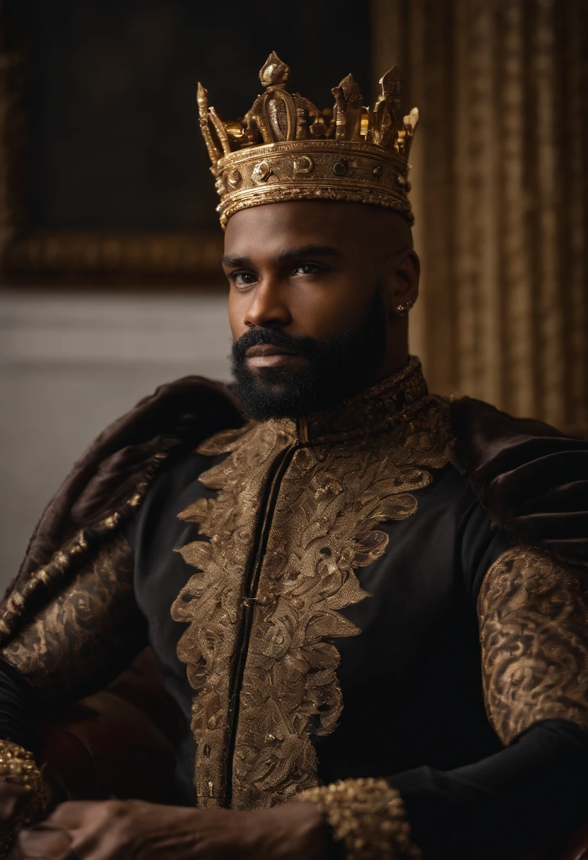 brown skin man,physically well built, sitting on throne,crown,very short beard,bald,black business attire