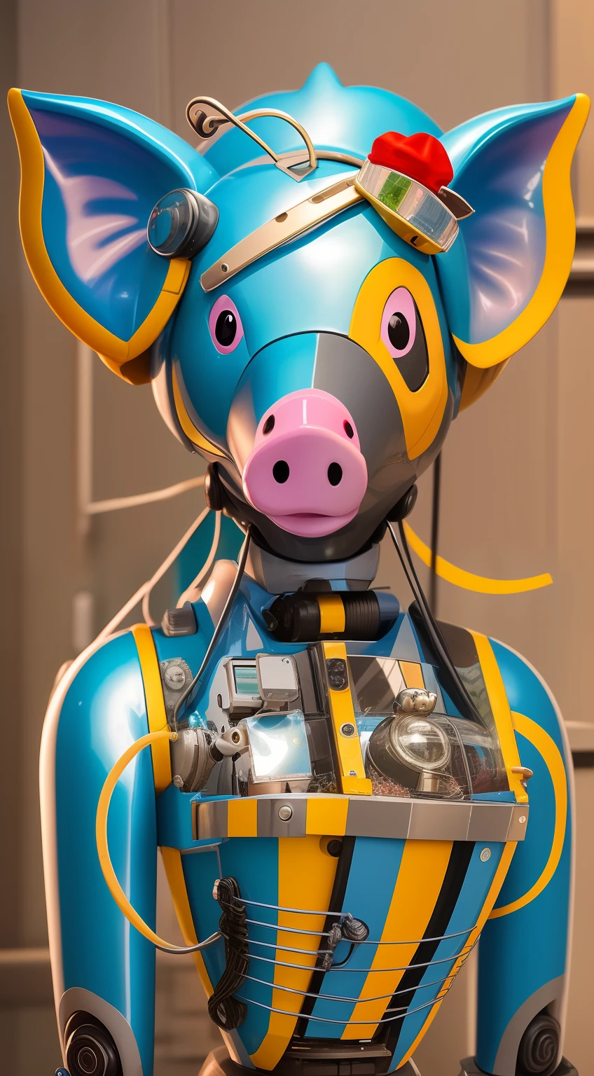 There is a blue and yellow robot pig statue with a red nose, robotic pig, rato ciborgue, Cyberpunk Mouse Folk Engenheiro, robotic anthro dolphin, The robot in its mechanical mask, male robotic anthro dolphin, hybrid of pig and nyc policeman, anthropomorphic warrior piglet, A boneca Mekanik, Robot in the shape of a rubber duck