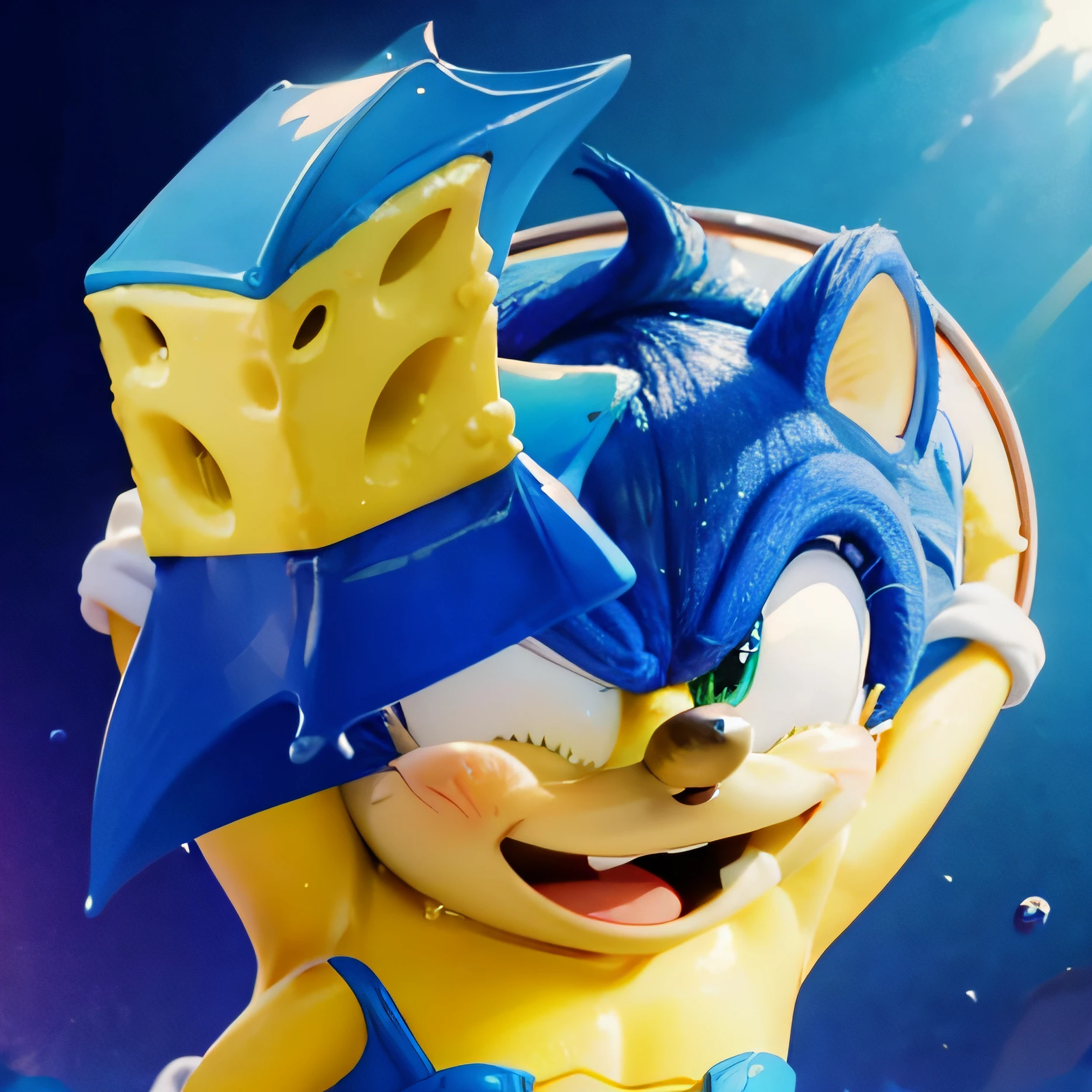 (ultra-detailed,best quality:1.2),spongebob with sonic skin,portrait,acrylic painting,brilliant colors,studio lighting,long eyelashes,rounded eyes,square pants,square clothes,playful expression,happy,joyful smile,underwater background,fish swimming,seaweed floating,comic style,sharp details,finely textured,expressive lines,water droplets,round shapes,vibrant contrast,striking red and blue,soft shadows,shiny surface,colorful cartoon,slimy texture,smooth finish,humoristic touch,funny pose,energetic character,silly laugh,mischievous eyebrow raise,wavy hair,squared edges,lively scene,characterized by dynamic movement,sparkling highlights,animated feel,jovial atmosphere,speed lines,splashing water	effect,sonic the hedgehog-inspired patterns	simulating his lightning speed,classic spongebob elements,tiny bubbles,floaty jellyfish,pineapple house,cartoonish background,bright and cheerful imagery,positive emotions,childhood nostalgia,artistic composition