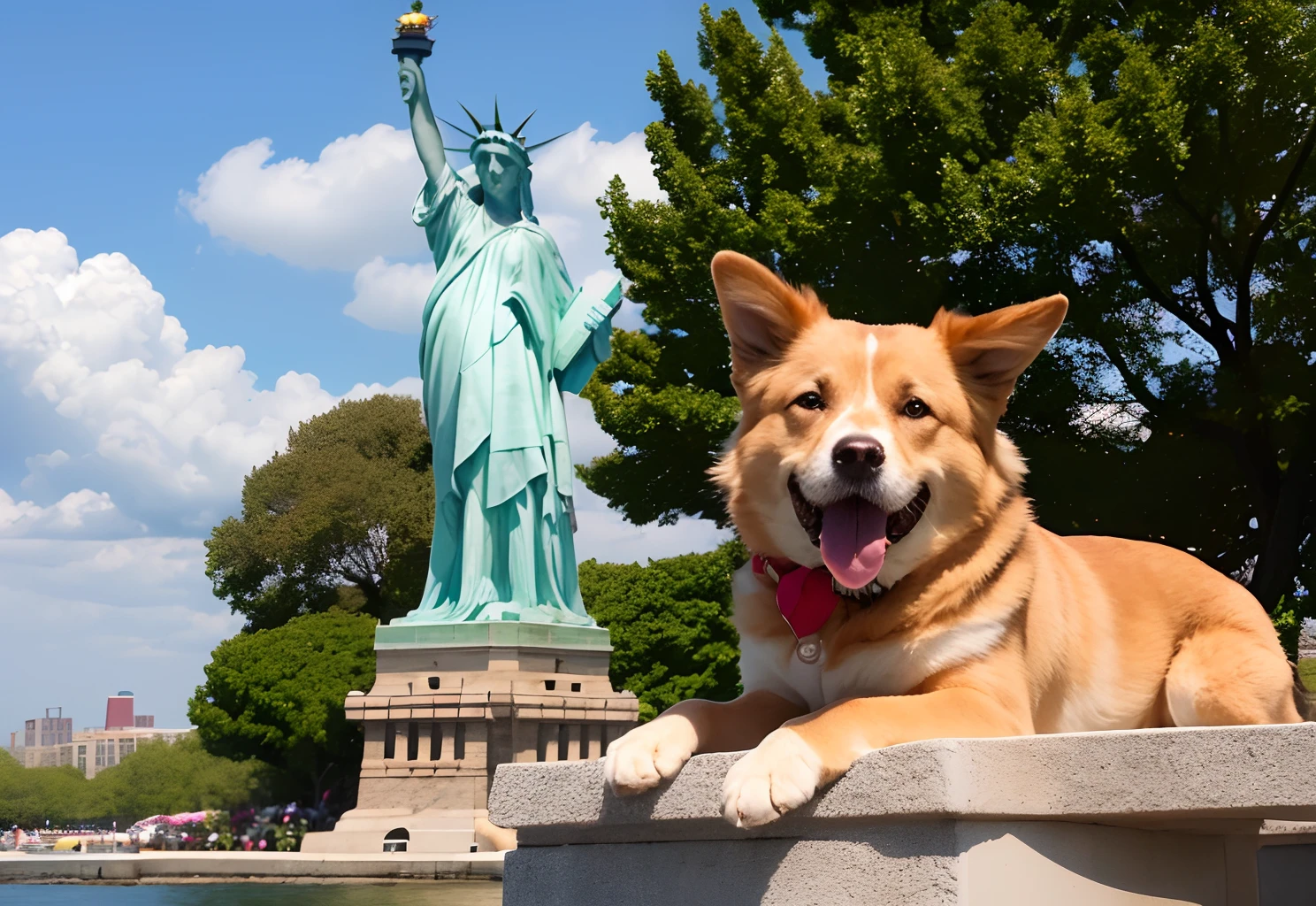 Caramel dog with red paws on the Statue of Liberty