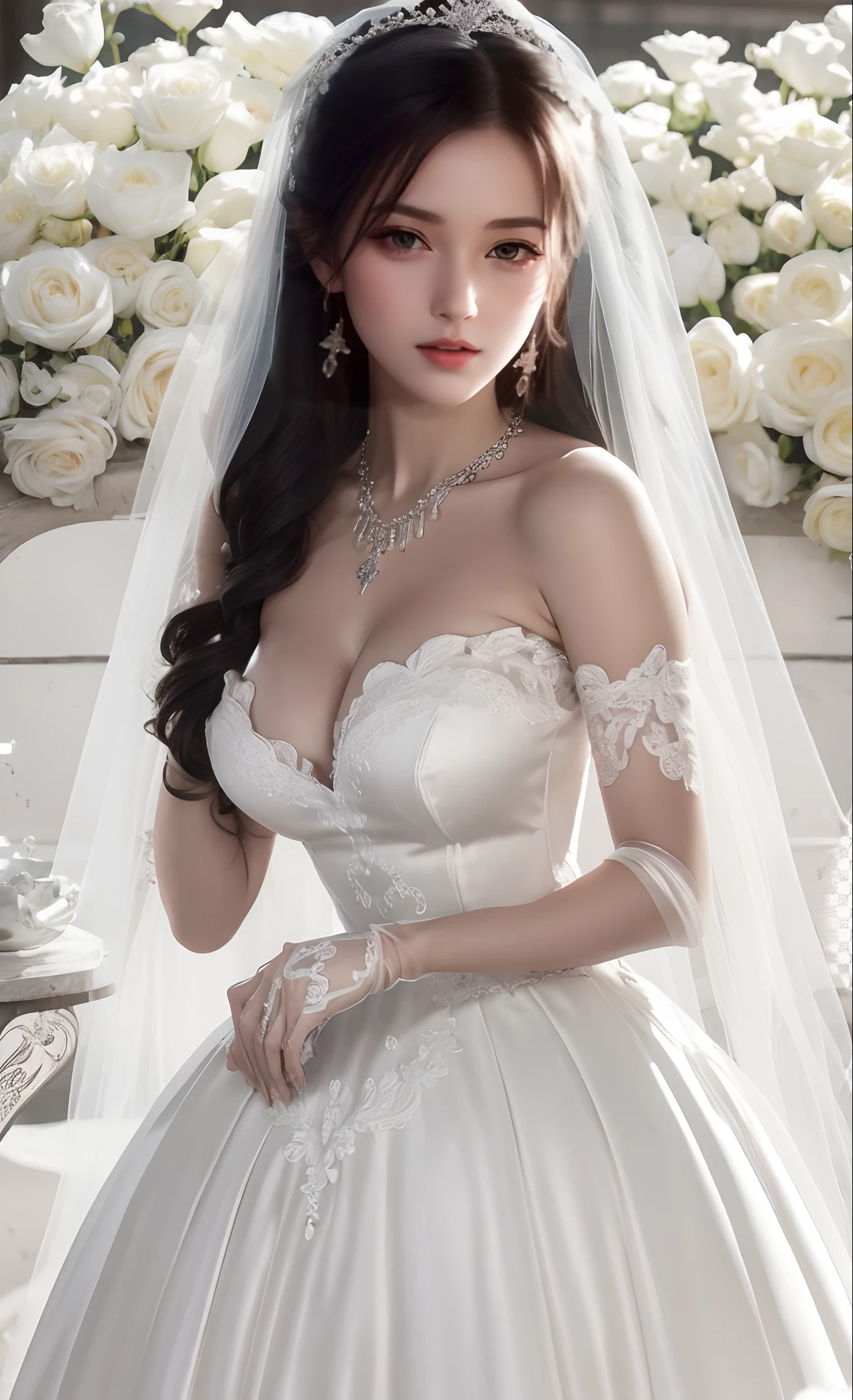 Close-up of a beautiful bride in a beautiful wedding dress, Gurvetz,( pillory:1.5), Flail on the head, Flail on the hands, Flail,(Bridal veil: 1.5), (Short transparent veil: 1.5), Flushed face, Head flower, head gear, (Tubular wedding dress: 1.5), (Silk dress: 1.2 ), (Strapless wedding dress: 1.5), Pure white dress, necklace, Earrings, (Huge breasts: 1.3), Deep V heart collar wedding dress, bangs, lipstick, (Lace gloves: 1.3), Full body photo, High detail RAW color art, a white long skirt, Whole body, with hands behind her back, and floor-length skirts,