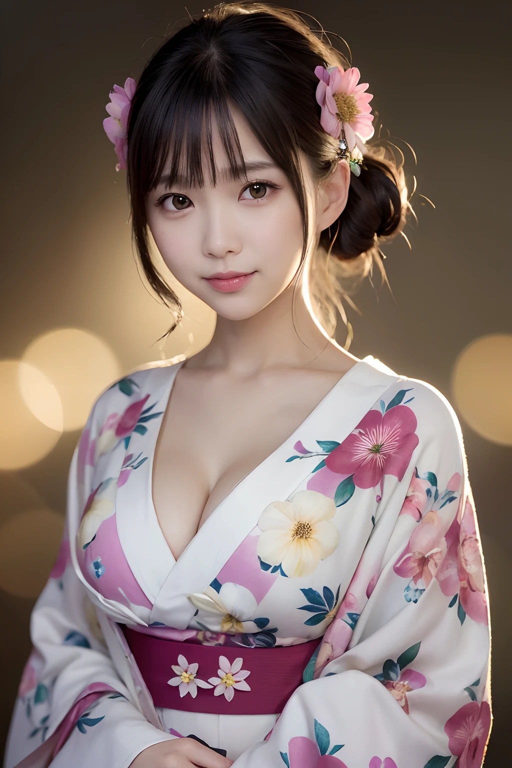 (masutepiece, Best Quality:1.4), ,The most beautiful in the world, 8K, 85 mm, absurderes, (floral pattern yukata:1.4), The upper part of the body, Exposing breasts、 violaceaess, gardeniass, Delicate girl, Solo, Night, Looking at Viewer, Upper body, Film grain, chromatic abberation, Sharp Focus, face lights, Professional Lighting, Sophisticated, (Smile:0.4), cleavage, (Simple background, Bokeh background:1.2),