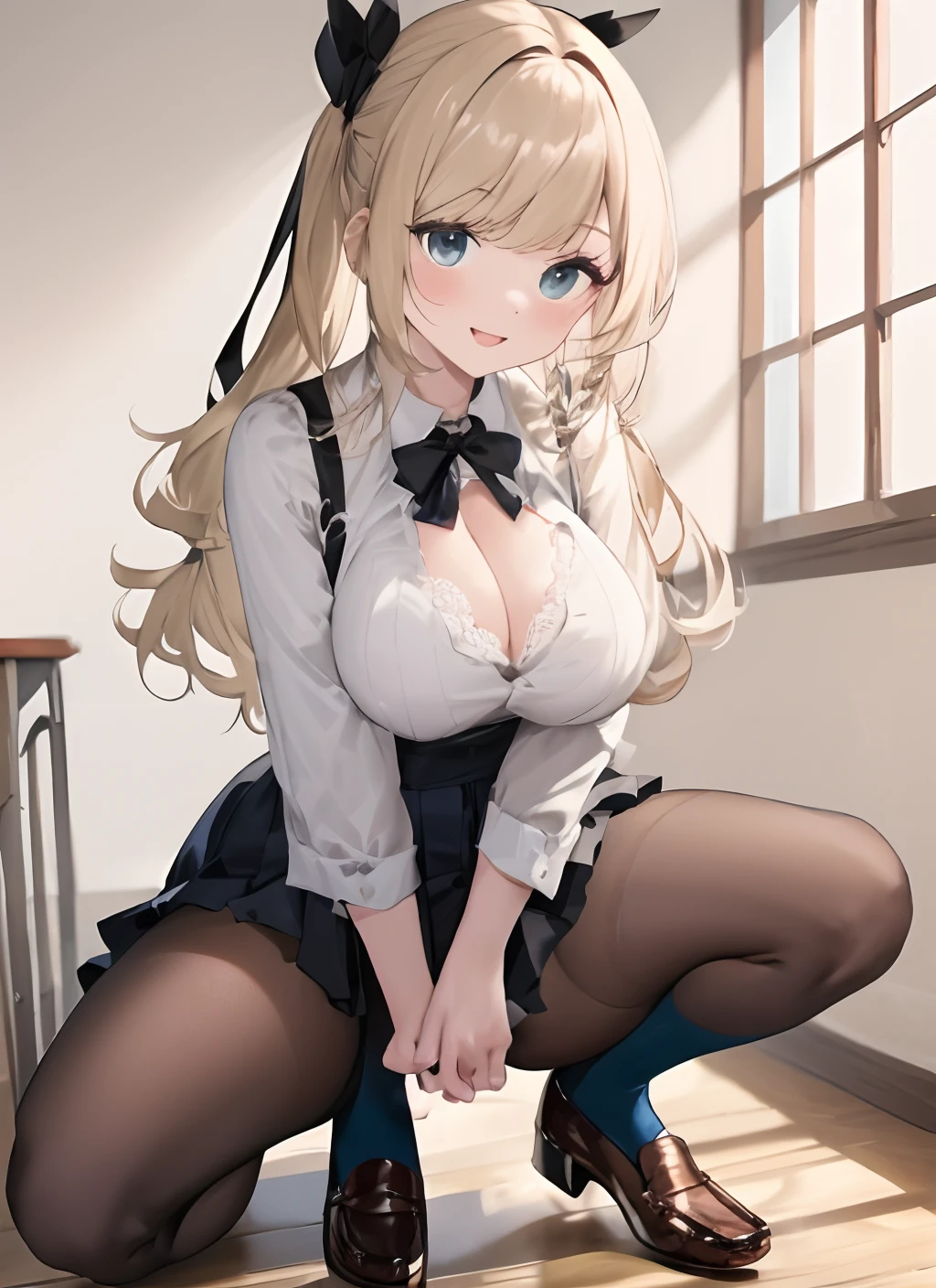 ((Dark blue socks)) Put your hands on your knees ((Brown loafers)The blonde、((White panties visible))(Squat panties shot)二重まぶた eyeslashes beatiful detailed eyes、ultra - detailed、A high resolution、Transcendent beauty top-quality、tmasterpiece、、(Japanes girl' high school uniform))、Very detailed expression School classrooms Very detailed appearance 21 year old girl、frontage、((dynamicposes)))、(sit on legs,knee bend))、pleatedskirt、Ribbon 1,2 Sexy upper eye A slight smil pantiess,sexyposture,lacepantyhose,Lace,Harnes,huge tit,cleavage,brassier,leg wide open,M legs