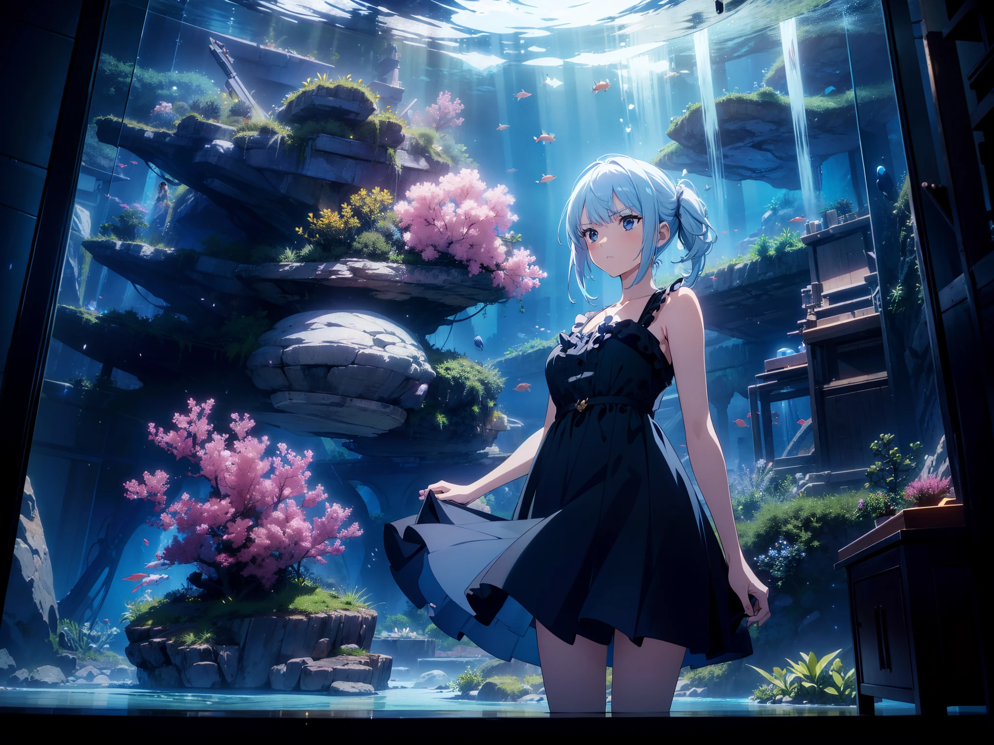 1 girl, in large aquarium, cinematic lighting, cinematic angle, character focus ,sundress , serious face , high resolution,(incredibly absurdres), (hires.fix:1.3),anime visual,ultra detailed CG unity 8k wallpaper, ((masterpiece)), ((top-quality)), (beautiful illustration), ((an extremely delicate and beautiful))