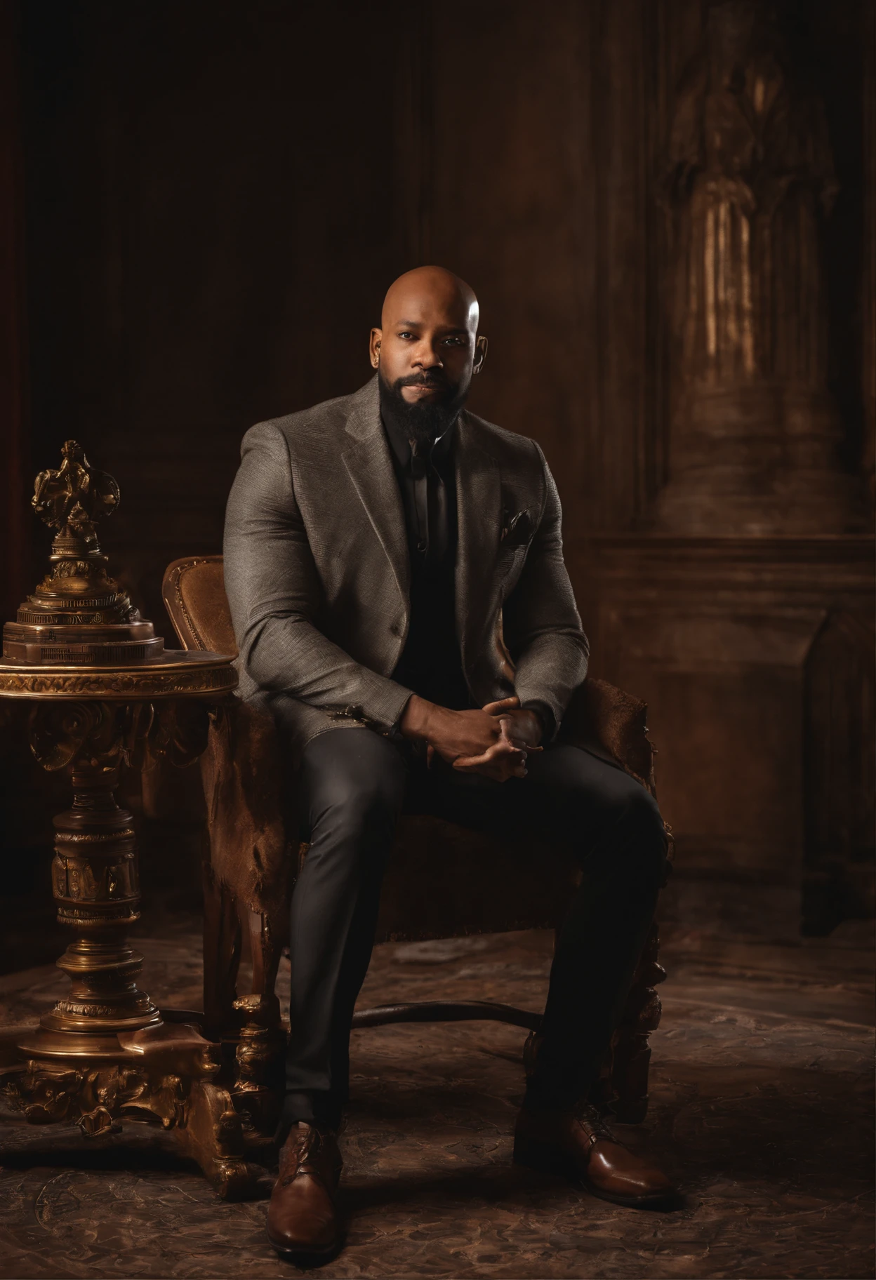 brown skin man,physically well built, sitting on throne,crown,very short beard,bald,black business attire