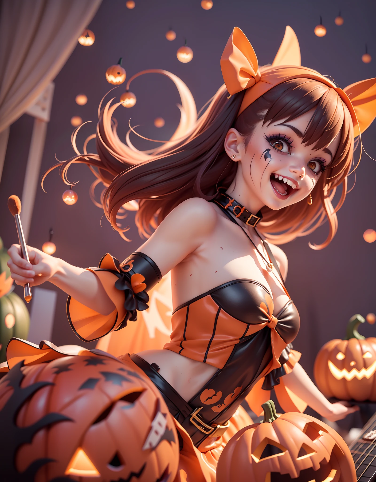 Rock 'n' roll scene，There are drum kits and basses，The lead singer in a pumpkin costume dances in the spotlight！There are a lot of ratings out there
(Dressed in the Southern Zombie costume:1.37,)Girl performs on stage for Halloween celebration）, (Electric guitar：0.8）, （keyboard：0.9）, （the bats：1.0） ，Bold poses and passionate performances，Makeup in all sorts of scary images，Performing on stage, Lightweight jack-o'-lantern,（Confectionery）, At the scene of the Halloween celebration,People are immersed in a joyful atmosphere. Jack-o-lanterns illuminate dark corners, There were happy smiles on people's faces