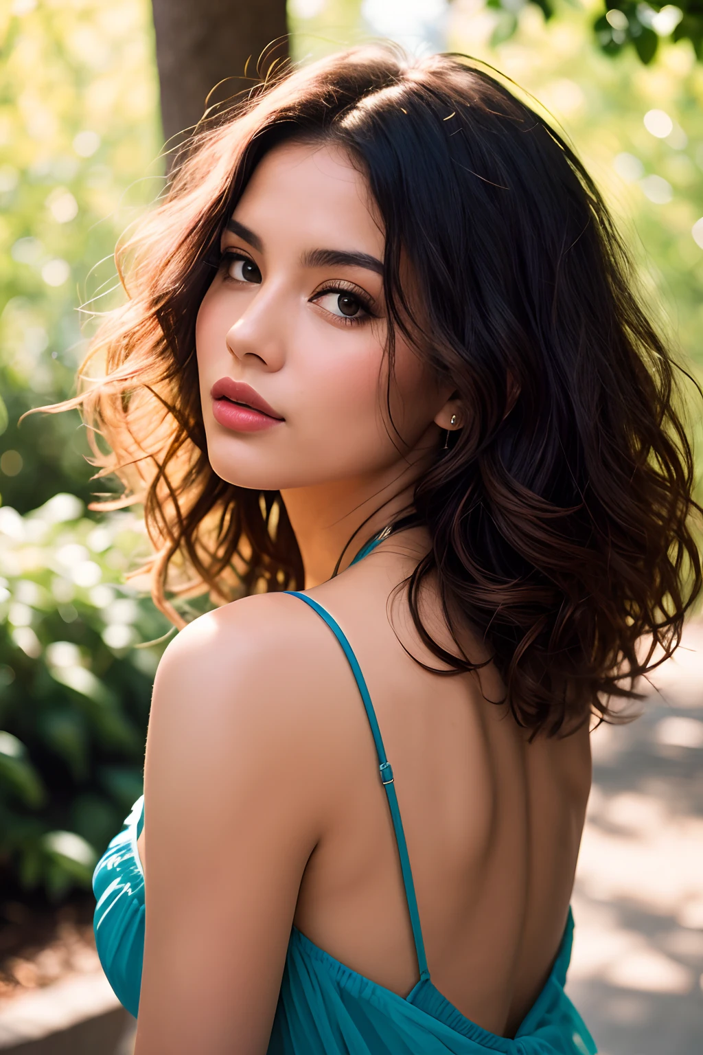 Selena is a beautiful 30 year old Hispanic woman, round face, curly hair, dark hair, delicate features, slim nose, full lips, legs, ultra-short light transparent sundress, HD, (detailed skin texture:1.1), best quality, ultra high res, (photorealistic: 1.4), Raw photo, by Ellen von Unwerth, D850 Film Stock Photography, F1.6 Lens, Rich Colors, Realistic, Cinestill 800, backlight, rimlighting, sunlight, looking at the viewer