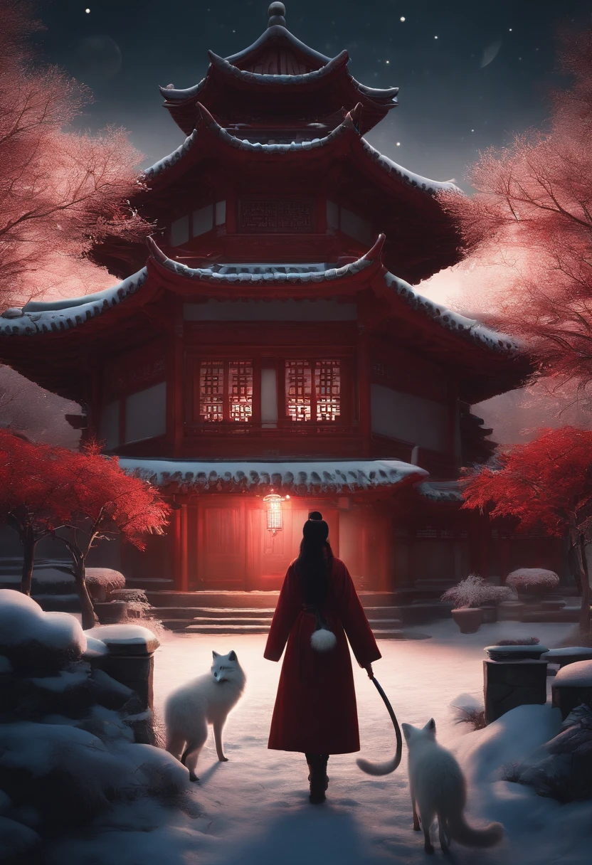 A girl in a garden,red tone, a giant moon lighting up the entire rural area of northeast China, snowflakes everywhere in the village, a white fox demon with 9 tails spitting out a night pearl, walking towards the moon, in the bottom right corner, there is a house with several faces peeking inside. (best quality,4k,8k,highres,masterpiece:1.2),ultra-detailed,(realistic,photorealistic,photo-realistic:1.37),illustration,Chinese painting,traditional,fantasy storytelling,enchanting atmosphere,crimson shadows,vivid colors,moonlit garden,traditional architecture,subtle brushwork,quiet ambiance,whispering winds,snow-covered scenery.