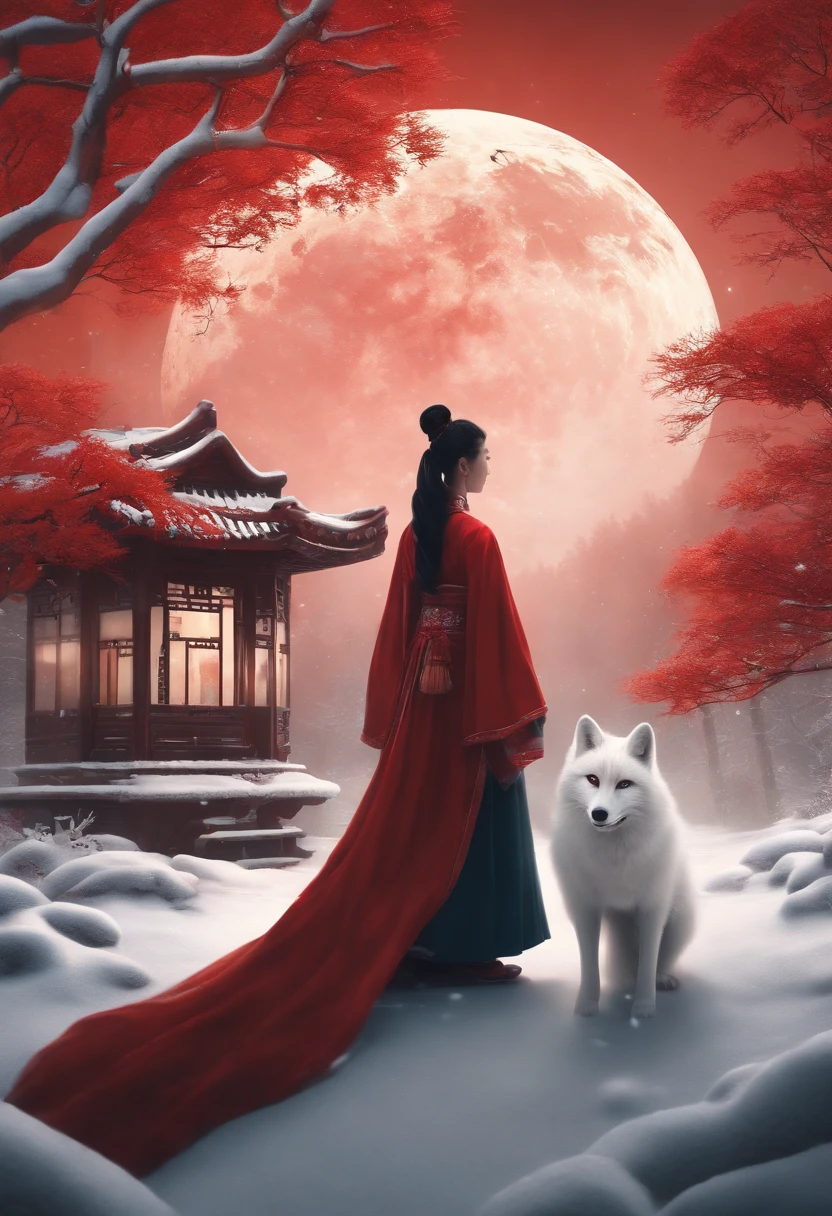 A girl in a garden,red tone, a giant moon lighting up the entire rural area of northeast China, snowflakes everywhere in the village, a white fox demon with 9 tails spitting out a night pearl, walking towards the moon, in the bottom right corner, there is a house with several faces peeking inside. (best quality,4k,8k,highres,masterpiece:1.2),ultra-detailed,(realistic,photorealistic,photo-realistic:1.37),illustration,Chinese painting,traditional,fantasy storytelling,enchanting atmosphere,crimson shadows,vivid colors,moonlit garden,traditional architecture,subtle brushwork,quiet ambiance,whispering winds,snow-covered scenery.