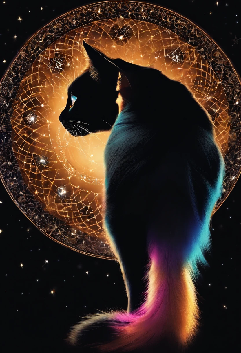 In the circle of dreamcatchers, Silhouette of cat in circle, creciente, y estrellas